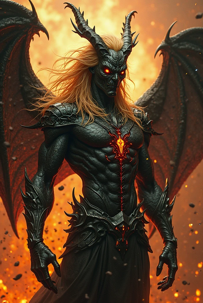 
### **shape**: มีshapeเป็นมนุษย์ ชายหนุ่มมีใบหน้าหล่อ
- **Physical characteristics**: Approximately 6 feet 5 inches tall, with a well-proportioned body with prominent muscles and glowing white-red skin - **wing**: มีwingที่สามารถยุบและขยายได้อยู่ที่หลัง ซึ่งเมื่อยุบจะเก็บอยู่ในshapeของแผ่นเกราะที่ปิดwing
- **Hair and eyes**: Her hair is long and golden and reaches her back. Her eyes are glowing yellow. She has beautiful black and red dragon horns on her head.
