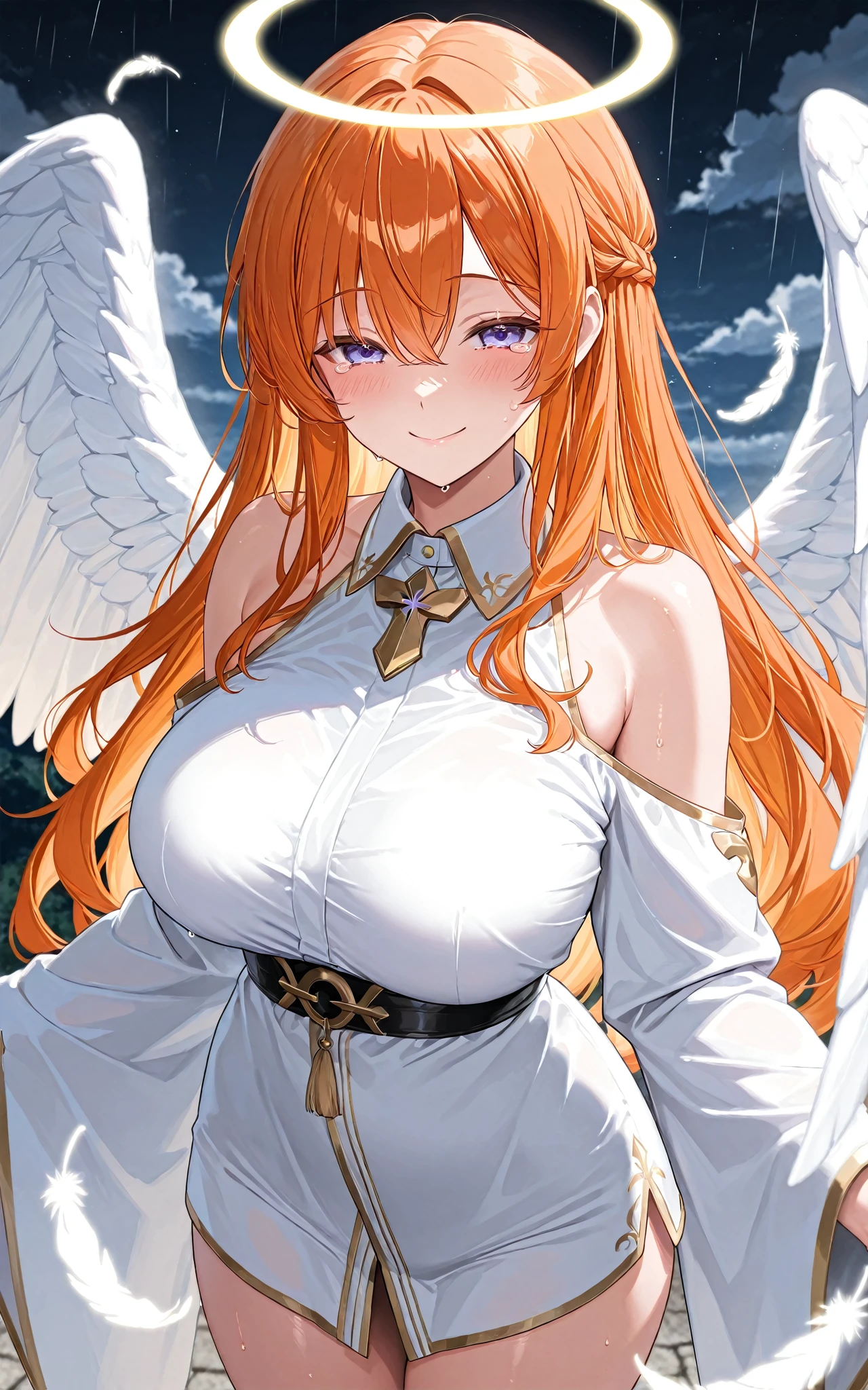 Long sleeve dress, (angel wings: 2), big wings, wavy caucasian, three breasts, realistic feathers, night, sideways, white robe, blonde, fat woman, angel wings, angel halo, big breasts, strong, Eyes closed, greek robe, mature mom, extreme, extreme, beauty, extreme woman, world savvy theater, Ultra Detraled, extreme, blonde, high resolution, extreme, 1Girl, Extreme E, illustration, watch with audience , Impasto, Canvas, Oil Painting, Realism, Realism, Realism, Realism,