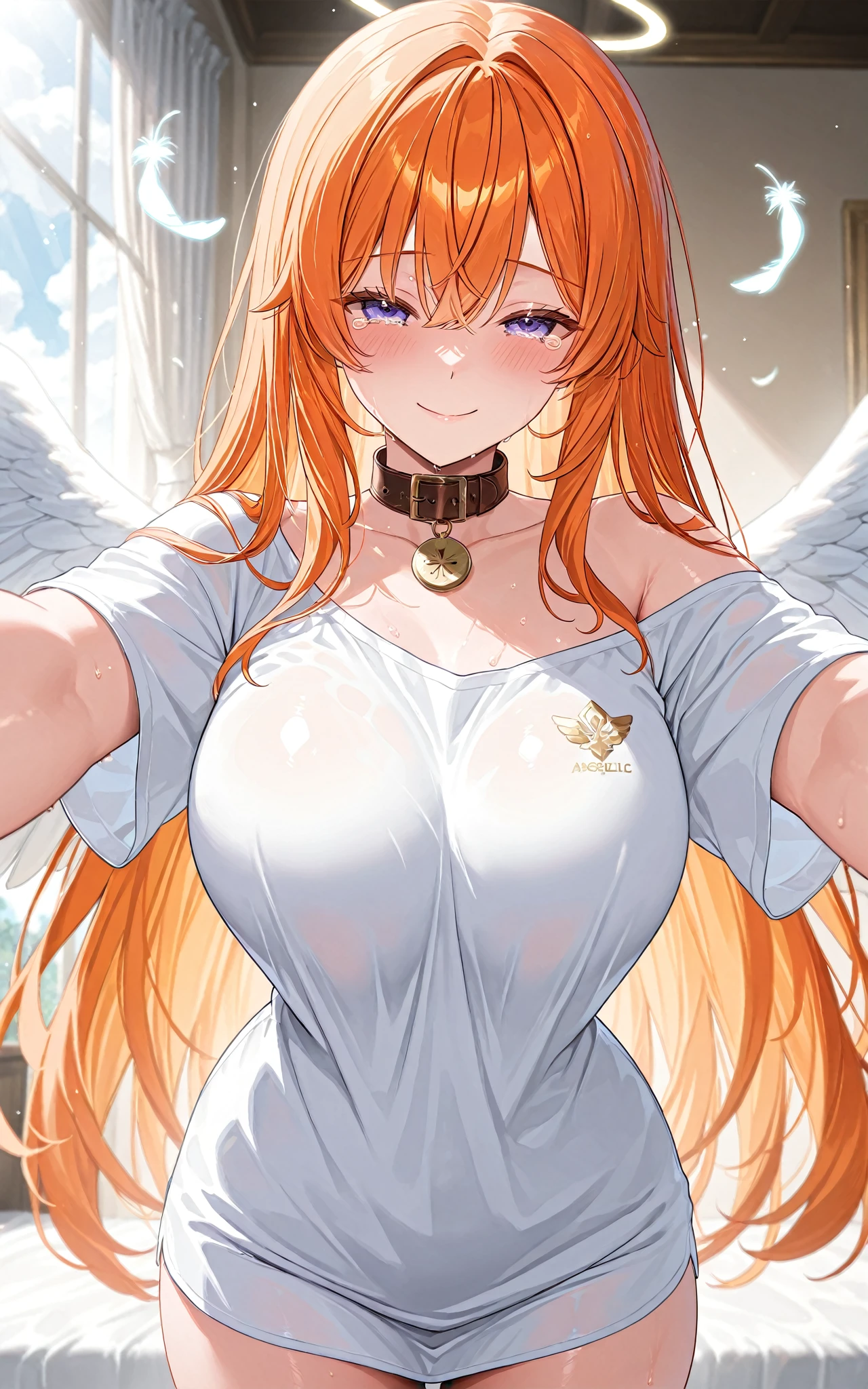 Top quality, ultra high resolution, (photorealistic: 1 beautiful girl 4), . Red wings. Charming face. Model face. Hair is long. Thin. Bikini, beautiful details, orange hair. Big tits. Hair tangerine-colored. Miniskirt. Earring. Rake your hair. Detail. Vivid? Realistic details. Real. On the back large wings. Clouds around. Cloud mass. Naked. Angel wings. Long wings. Wide wings. Lifting the chest. Lift your chest with both hands. Embarrassing face lifting chest with both hands. Embarrassing face. Shyness. Blushing. Kneeling. Kneel down. I closed my eyes. Kissing face. Close your eyes and kiss your face. Kiss. Look up. Pressing for a kiss. Ask for a kiss. Wing. Close your eyes. Pink smoke wafting around.
