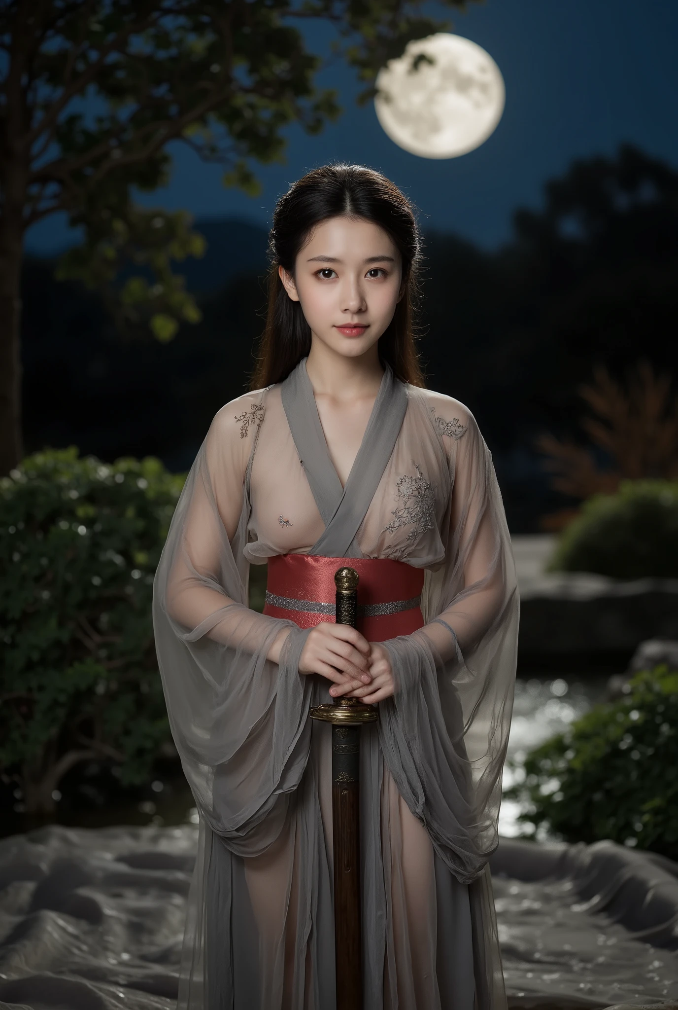 A traditional Asian artwork depicting a serene woman in an naked, standing with hands clasped. The background features a majestic, multi-tiered temple with ornate rooftops, surrounded by lush, blooming flowers and greenery. The scene is set in a tranquil, timeless night atmosphere with soft, pastel colors and a harmonious composition, evoking a sense of peace and cultural heritage at night