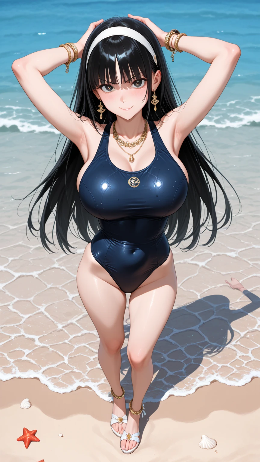 (((masterpiece、Highest image quality、highest quality、highly detailed unity 8kwallpaper)))、((Illustration of one girl))、(((beautiful girl)))、((black hair:1.4、straight hair、Very Longhair、golden hair ornament、red eyes))、(tall:1.3、stocky build:1.9, thickset physique:1.6, muscular legs:1.3, broad shoulders:1.6, solid chest:1.6)、swimsuit、sandy beach