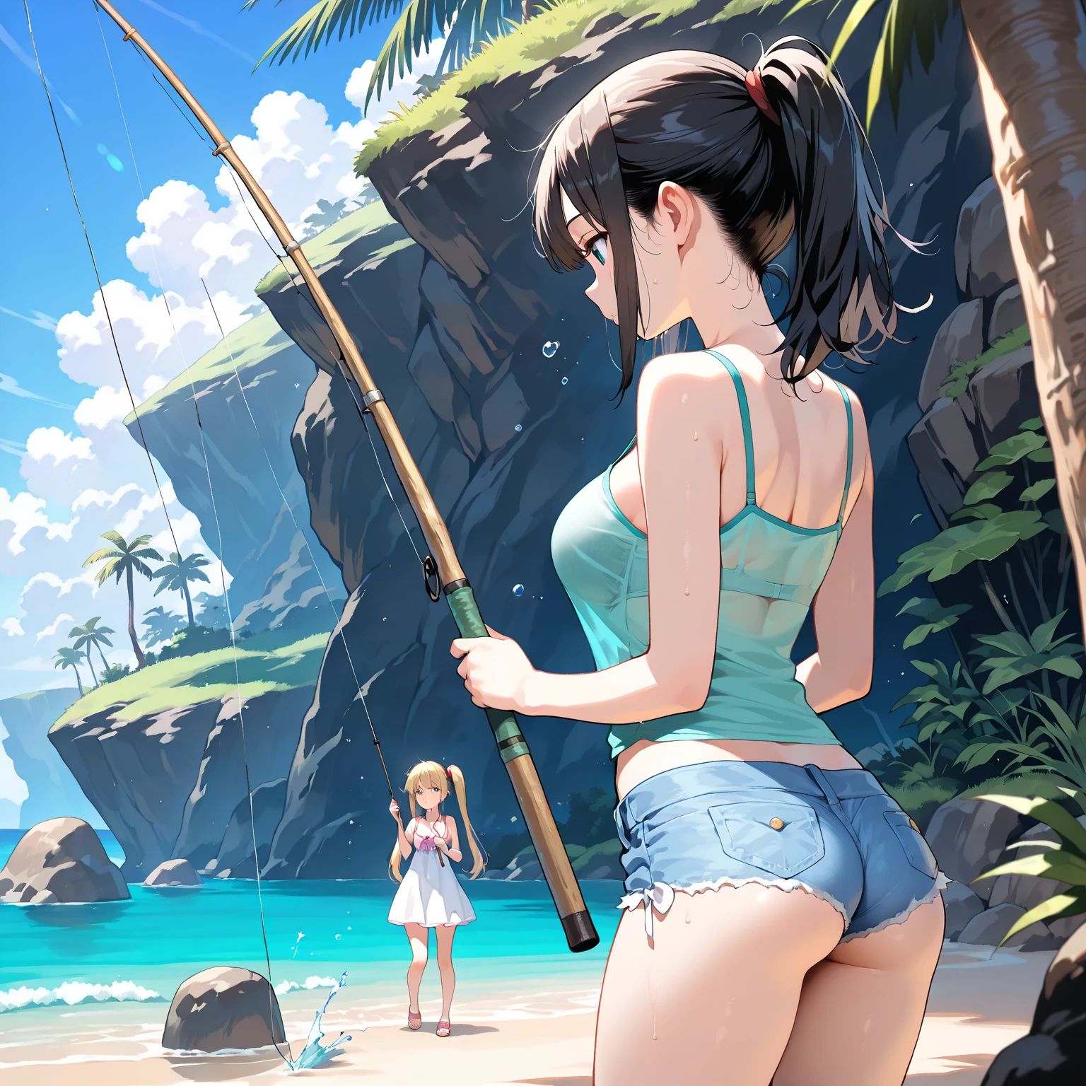 4girls
, ass
, bikini
, bird
, black hair
, black ribbon
, blue sky
, bow
, braid
, coral hair ornament
, day
, dutch angle
, fishing rod
, from behind
, from below
, hair bow
, hair ribbon
, halo
, hat
, holding
, holding fishing rod
, innertube
, leaf
, leaf on head
, low twin braids
, multiple girls
, ocean
, official alternate costume
, outdoors
, rainbow
, rash guard
, red eyes
, ribbon
, seagull
, side ponytail
, sky
, splashing
, straw hat
, sun hat
, sunlight
, swimsuit
, tareme
, thighs
, twin braids
, wading
, white bikini
, white bow
, white hair