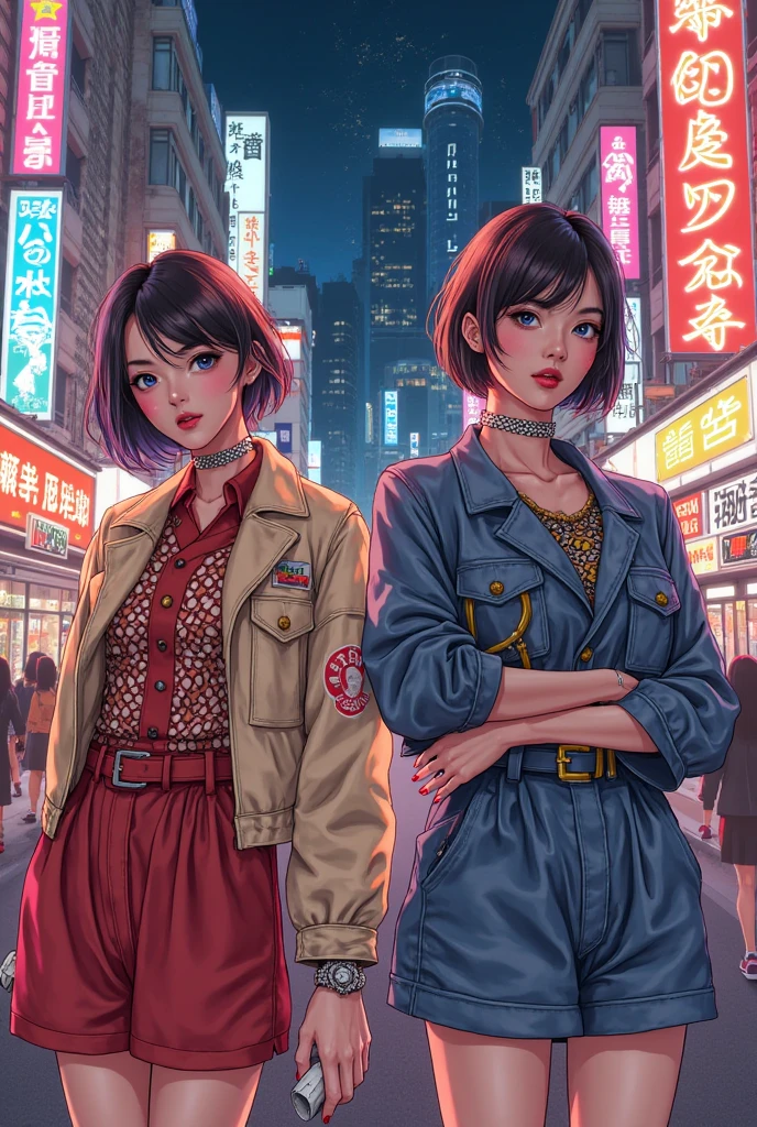 (bangs,side parted hair,smiling faces) 2 mature women in their early 40s,thick eyebrows,beautiful detailed eyes,short eyelashes,apply makeup, wearing matching outfits,twin sisters,standing confidently,strong presence,posing against a bustling city street,foreground,
impressively detailed brushstrokes,subtle texture,depth and dimension,creating a sense of realism,highly detailed facial features and clothing,with meticulous attention to patterns and fabrics,fine lines and intricate designs on the silk stockings,glistening reflections on lip gloss and shiny accessories,sparkling jewelry,urban landscape with meticulous architectural details and realistic textures,impeccably painted city lights and glowing car headlights,impressive contrast between light and shadows.
Image quality: (best quality,4k,8k,highres,masterpiece:1.2),ultra-detailed,realistic:1.37,HDR,UHD,studio lighting
Art style: photo-realistic portraits
Color palette: bold and vibrant colors,rich and warm tones,contrasting shadows and highlights,cityscape with colorful neon lights,blurred background with bokeh effect,enhancing the atmospheric feel.
Lighting: soft warm light,illuminating the women's faces and outfits,creating a beautiful glow and adding depth to their features,natural sunlight creating long shadows on the ground and buildings,city lights casting vibrant colors on the surroundings,lively and dynamic lighting effects.