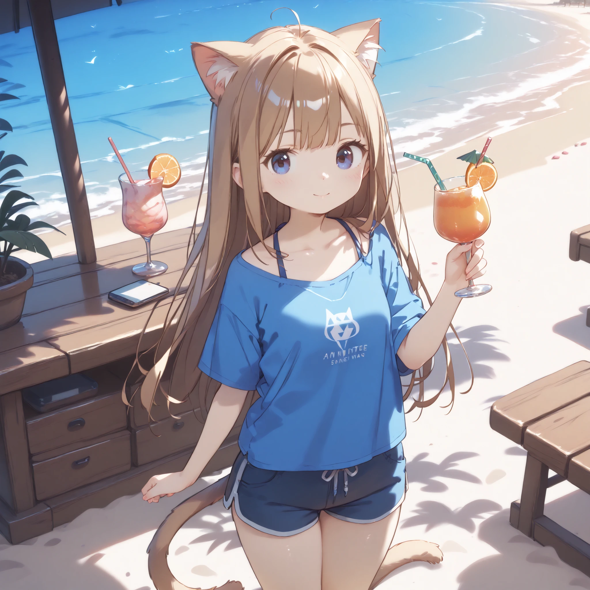 High Definition、High Quality、8k、4k、1 girl、Little girl、young、 immature body、Cat ears、cat tail、Uninhabited island、Sandy Beach、luxury liner、leisure、Overlooking the island from the deck。shorts、tshirt、cocktail glass、3 people、Uninhabited island、Sandy Beach、
