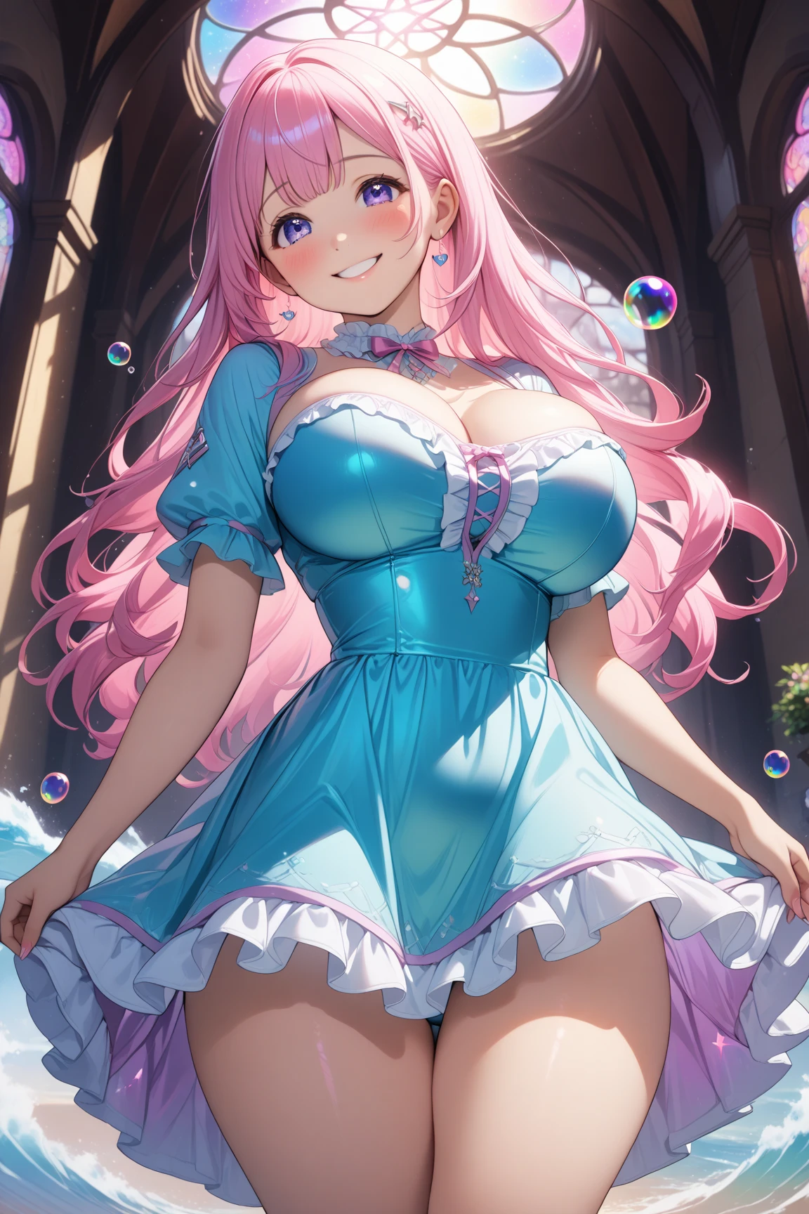 ((Moe anime art style:1.2)), (((masterpiece))), (((best quality))), ((ultra detailed)), (illustration), ((an extremely delicate and beautiful)), ((super detailed skin)), (((8K))), (((solo girl, A young-looking princess))), (18 years old), ((upper body)), ((from above)), (on side in the meadow, lying down surrounded by flowers), //face (((Super delicate and beautiful face))), ((Beautiful Lips, Beautiful, delicate, light blue eyes)), ((embarrassed))), //hair BREAK, bangs, (((Pink Hair, Fluffy ponytail, Curly Hair, Expressive hair, very voluminous long hair))), Beautiful silver and jeweled hair ornaments, //fashion BREAK, ((Light green taffeta material)), ((Dense lace, Long train, Lots of frills)), (((Full-length crinoline hoop skirt, Beautiful and luxurious Rococo Victorian ball gown dress))), BREAK, (((gigantic breasts))), back ground BREAK, ((nature)), ((so many colorful flowers)), ((Flowing petals)), Particles of light pouring down, (light sparkles:1.1), (light leaks:1.3),