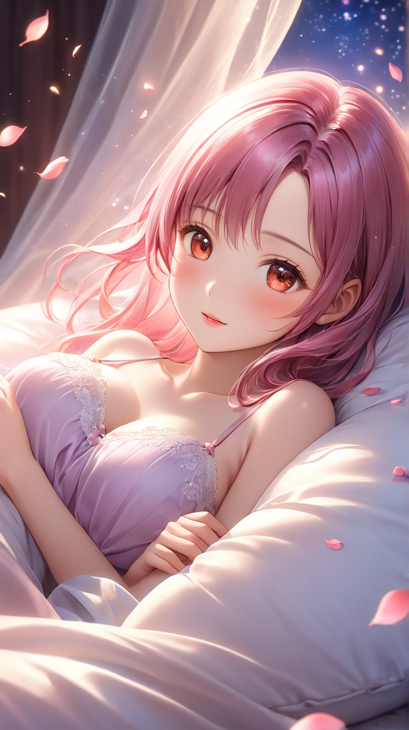 (Best Quality,High resolution,8K,finelity detailed background,Masterpiece:1.2),beautiful girl,Shiny pink hair,messy hair,Pink eyes,Gentle look,A refreshing look,Best quality,Best Quality,Aesthetic and aesthetic:1.2,Best details((Super detailed))(High-definition CG illustrations),cuteパジャマ,Slender body,night,Moonlight,Bedroom,On the bed,smile,blush,cute,Scrounge,Looking up,Being spoiled,super model,wariza,shoot from below