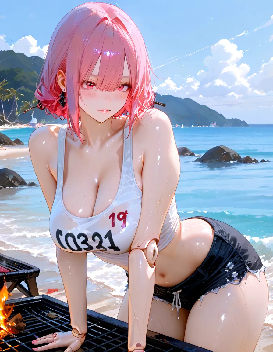 (Masterpiece, BestQuality:1.3), (ultra detailed:1.2), (hyperrealistic:1.3), (RAW photo:1.2), High detail RAW color photo, professional photograph, (Photorealistic:1.4), (realistic:1.4), professional lighting, perfect anatomy, (Big Breasts:1.2), (blush, detailed face), (cheerful Smile:1.5), Trending Hair&Trending Hairカラーをランダムに, earrings, necklace, bracelet, sexly, erotic sexly, Random sexy gravure poses, (A pink-haired woman wearing shorts and a tank top at a beach barbecue、Helping out at the grill。:1.3)