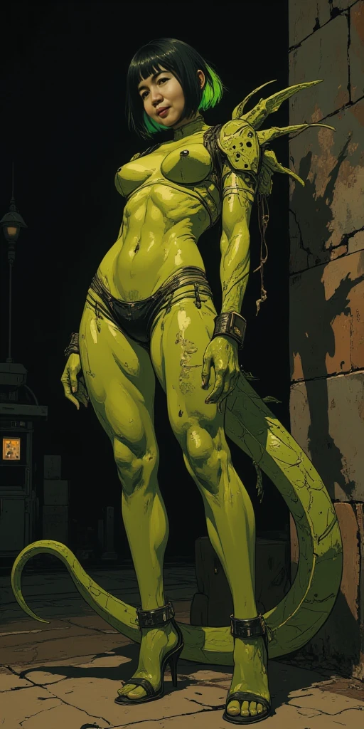 (masterpiece, top quality, best quality, official art, beautiful and aesthetic:1.2), (1girl:1.3), black hair in dreadlocks, extremely detailed, portrait, looking at viewer, solo, (full body:0.6), detailed background, close up, gold eyes, (cool space ship theme:1.1), (((green skin, scales, scaly skin, clawed fingers))), green alien shapeshifter woman, charlatan, sinister smirk, mysterious, shapeshifting in a spaceship, revealing leotard, black leather, long boots, buckles, straps, pouches, collar, sleeveless, black latex, ((((gigantic scaly green breasts, cleavage, skindentation)))), slim waist, slim hips, long legs, futuristic (starship interior:1.1) background, dark mysterious lighting, shadows, magical atmosphere, dutch angle