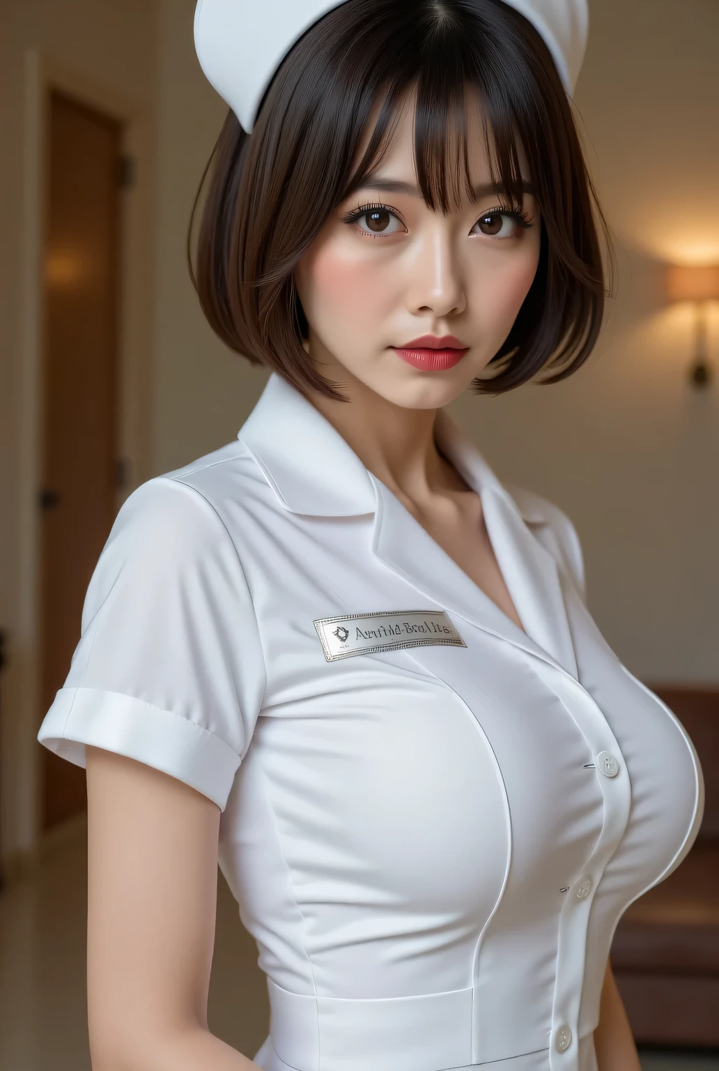 Bust-up shot. (Nurse uniform:1.3). Beautiful Japanese woman. Glamorous body, light red lips, Short bob hair.