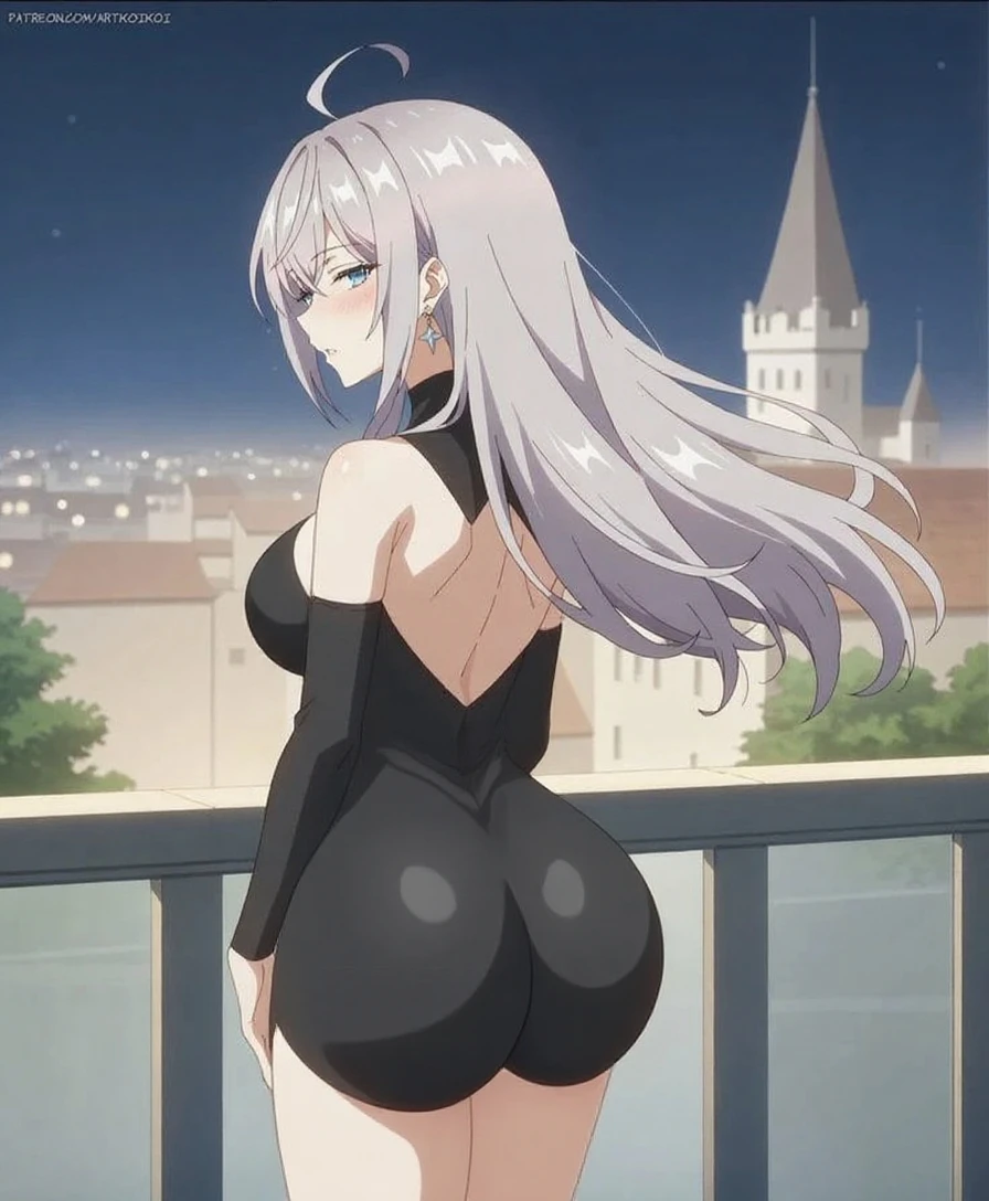 a girl with a big butt, Your hips are wide your waist is thin, her butt is big, she is in a city with a snow mountain in the background It's nighttime, your butt is marked in dress, there is a tecnologic pyramid at the top of the mountain, She has white hair and pink eyes.