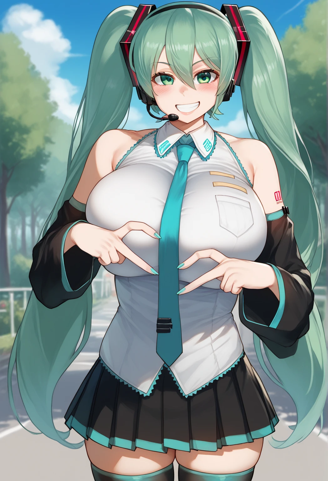 1 girl, (bags under the eyes:1.5), mint green fur, twin_braid, white beret, White shirt, flower tie, 8k, Best Quality, (photorealistic:1.4), raw photo, (curved body), (curved thighs), (huge breasts, perky breasts:1.4),