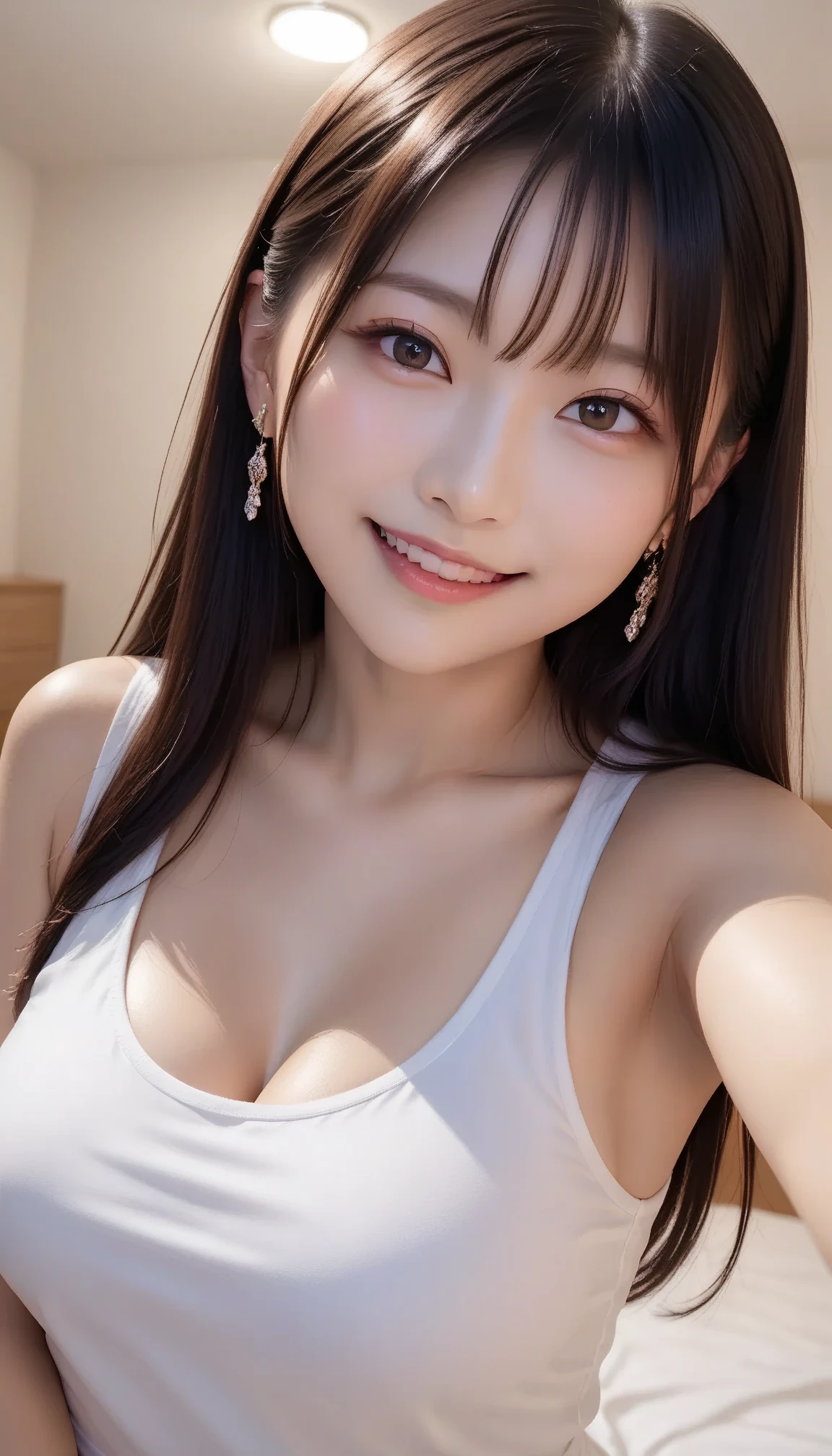 Best Quality, 8k, Masterpiece: 1.3)), Selfie, Sharp Focus: 1.2, Cute Beauty in Perfect Shape: 1.4, Slim Big Breasts: 1.2, ((Brown Black, Leaky Chest Showing Collarbone) , (, Happy Expression, Standing: 1.2), (Gym Exercise Pose), Highly Detailed Face and Skin Texture, Detailed Eyes, Double Eyelids, Smile