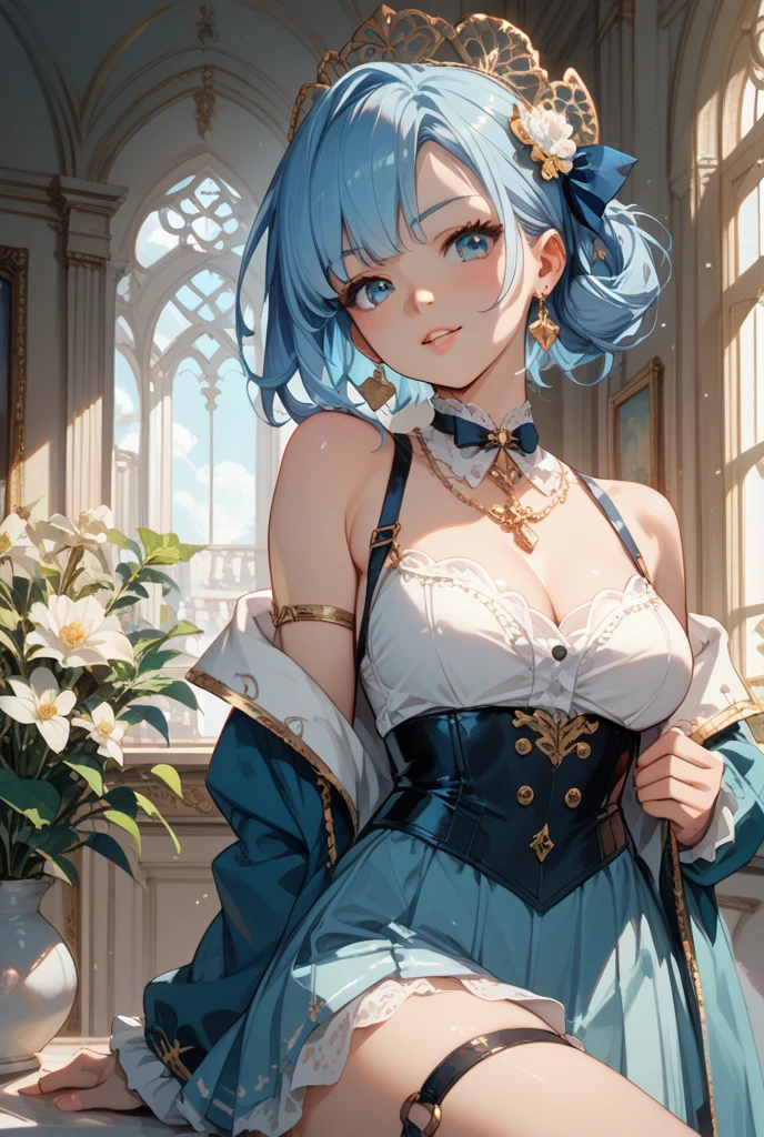 Girl Huge breasts, White dress, Double ball head, dual horsetail, blue hair, lovly, (Sweet details), (1人), solo person, Side Body, (Clothing with a high sense of design), (Cheerful expression), Spellcasting, Standing painting, Character CG, HD CG, UHD, best quality, high details, highres