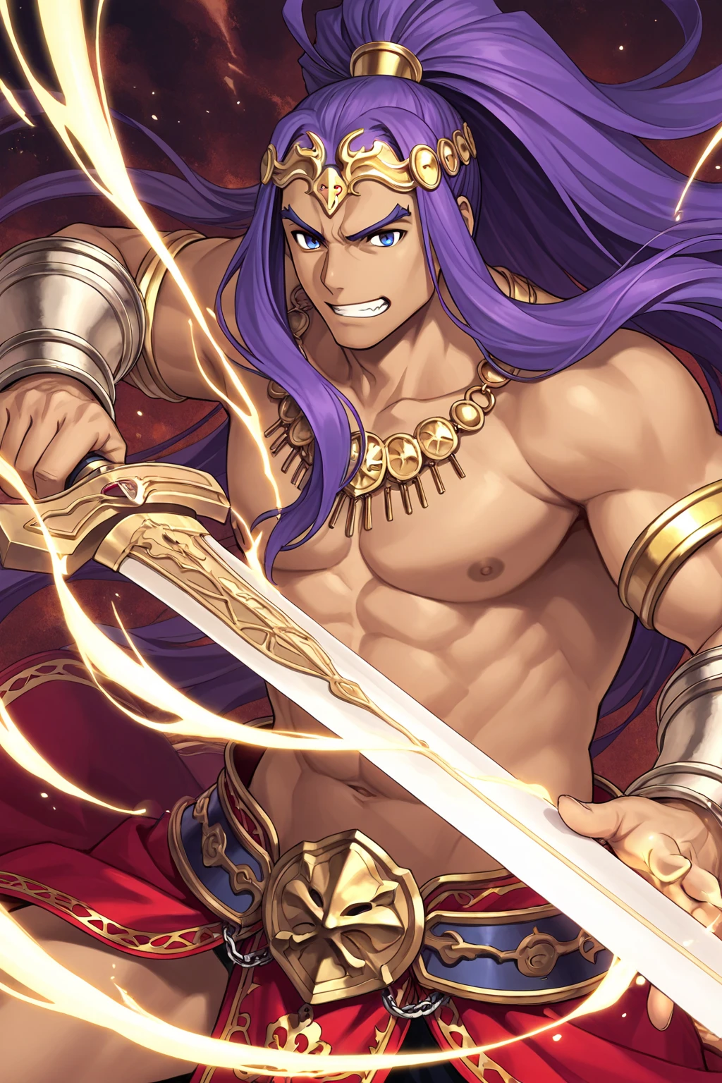 3 man, short white hair, purple eyes, muscular, golden armor with bare chest, with scars on the face, with big pecs, with lots of chest hair, with a sword, with a smile 