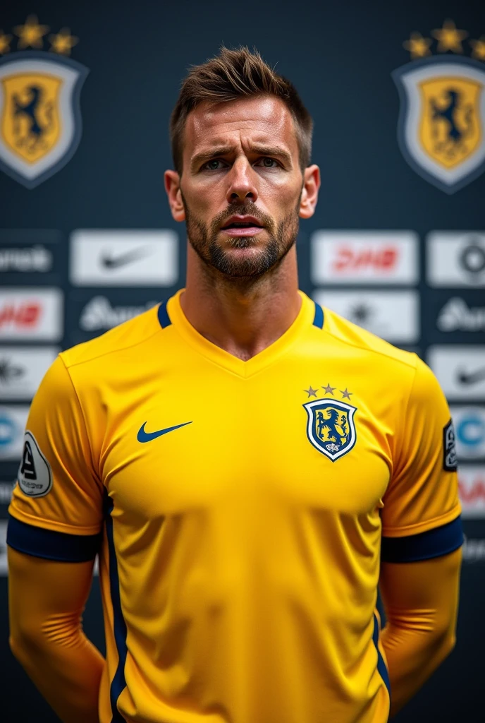 Young Swedish man wearing football uniform in a stadium smiling