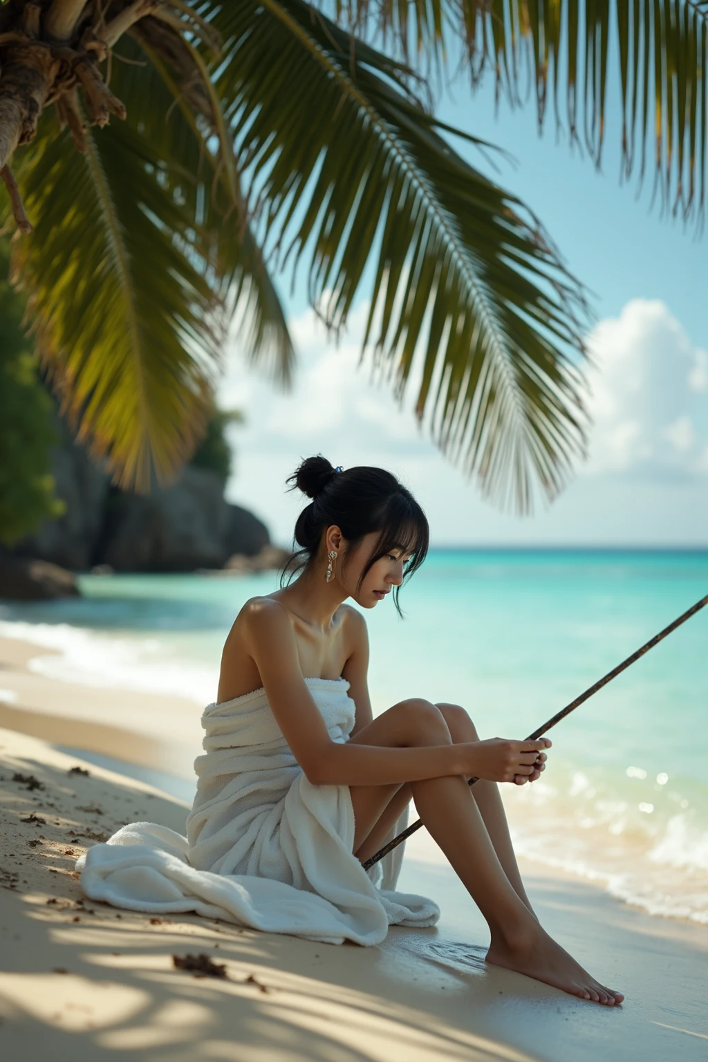 A beautiful girl in a prai looking at camera, in the background a yacht and a canoe. has several trees --auto --s2