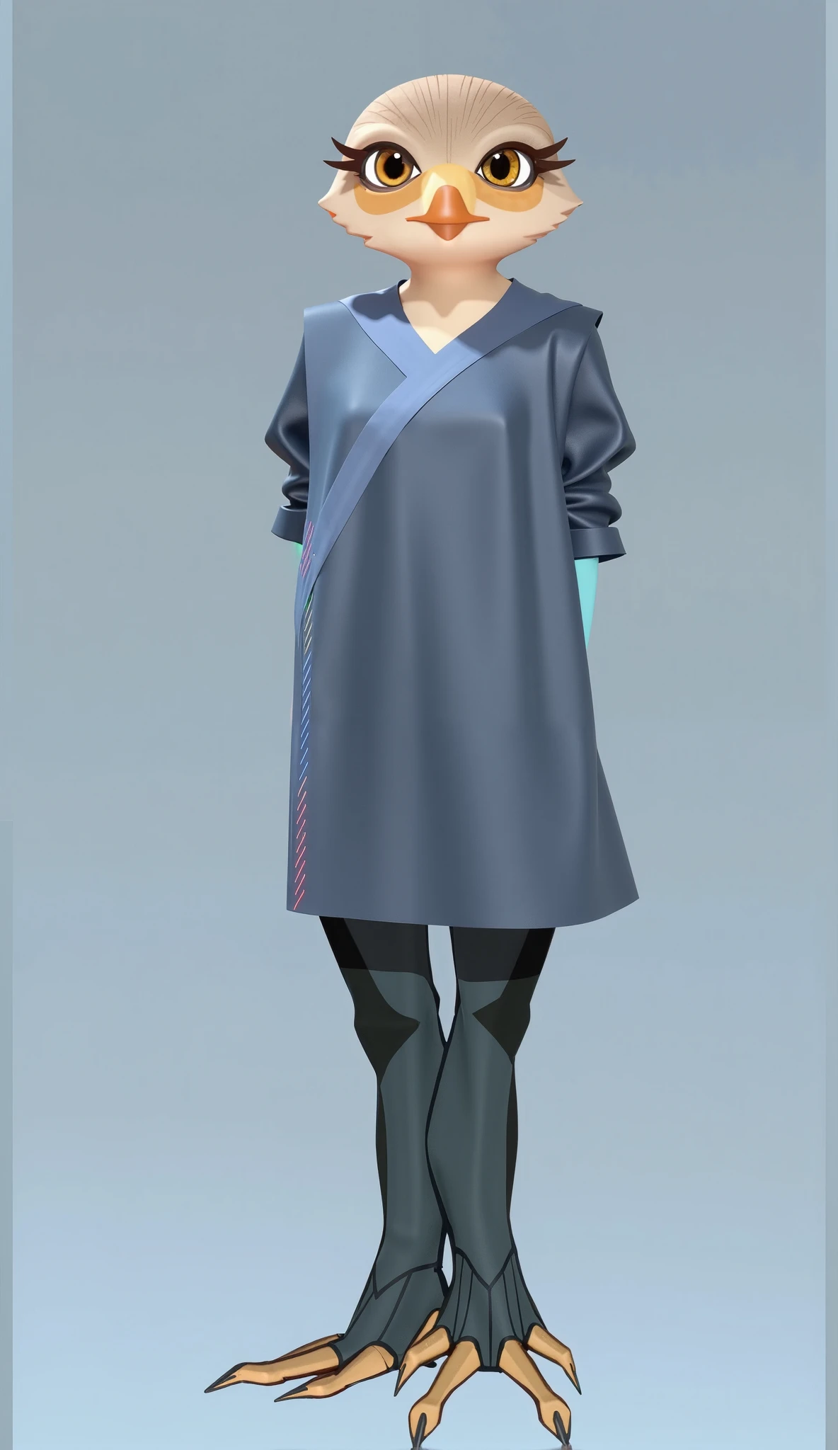 Create a realistic version of an anime-style character. The character is a young woman wearing a white coat with black buttons and a black hijab. She has a gentle expression with large, expressive purple eyes. The background should be simple and solid in color, preferably a shade of blue. The lighting should be soft, highlighting the character's features naturally.