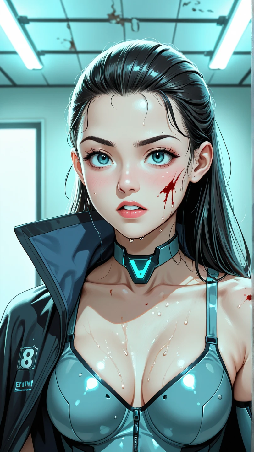 (((short arms))), ((( zombie girl ))), (((bandaged arms))), ((high collar)), (((green with red details))), (((best qualityer: 1.4))), (Unbeatable masterpiece), (hiper HD),(CG 8k hyper-realistic), (((brave face))), (((breasts big))), (((hyper feminine))), sexy girl, zombie girl with blue skin, scars and stitches on the skin of the neck, arms and legs,（punk messy hair)), ((( sculptural body ))), (((1 girl))), 18 year old zombie girl with perfect body,,Beautiful and well-groomed face,muscular body:1.2,solid color detailed jacket, (Head to thigh photos)