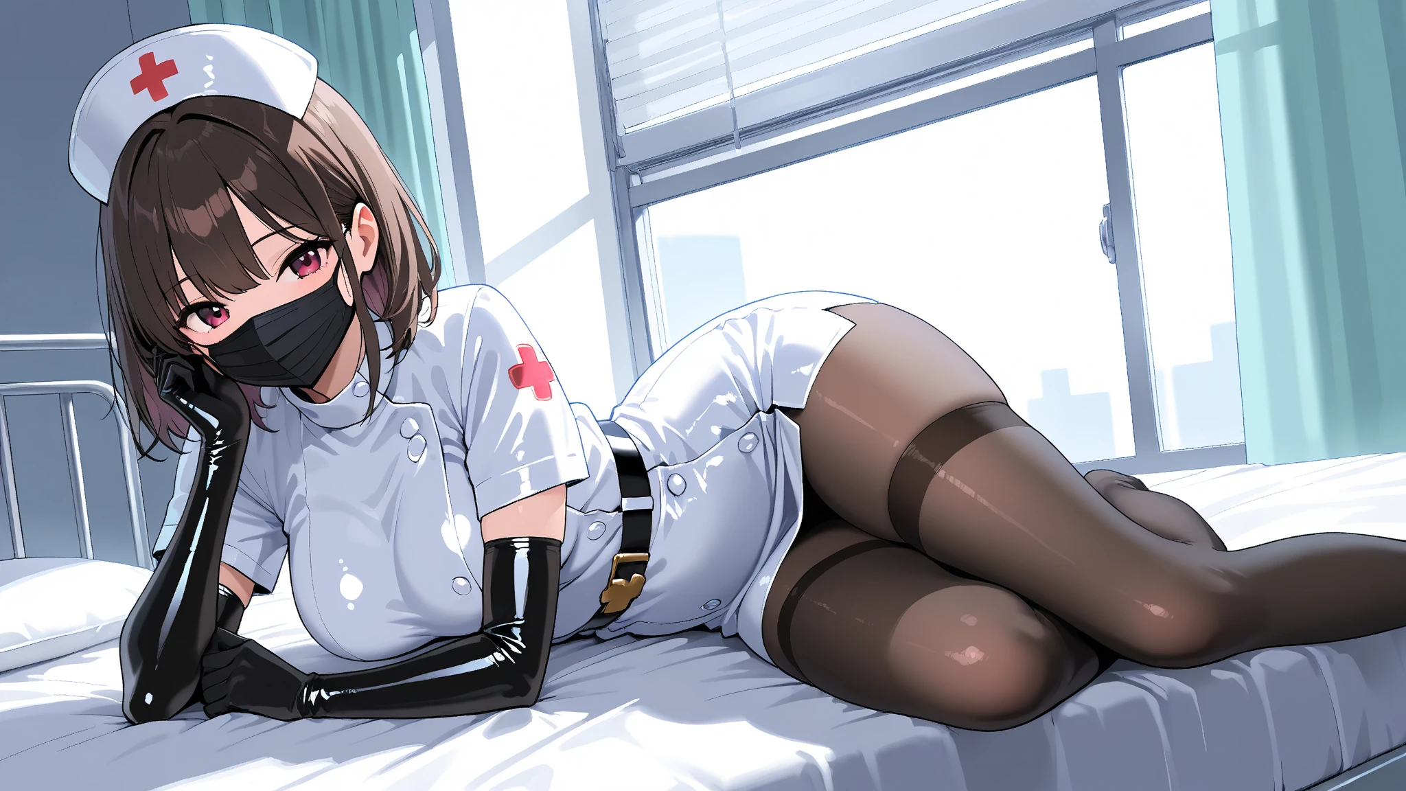 black nurse, 1 female, alone, black nurse cap, Blackware, ((White legwear)), black elbow gloves,brown hair, brown eyes, spread legs, ((operating room)), sharp outline, short sleeve, young woman, 20-year-old, highest quality, masterpiece、Photo from below