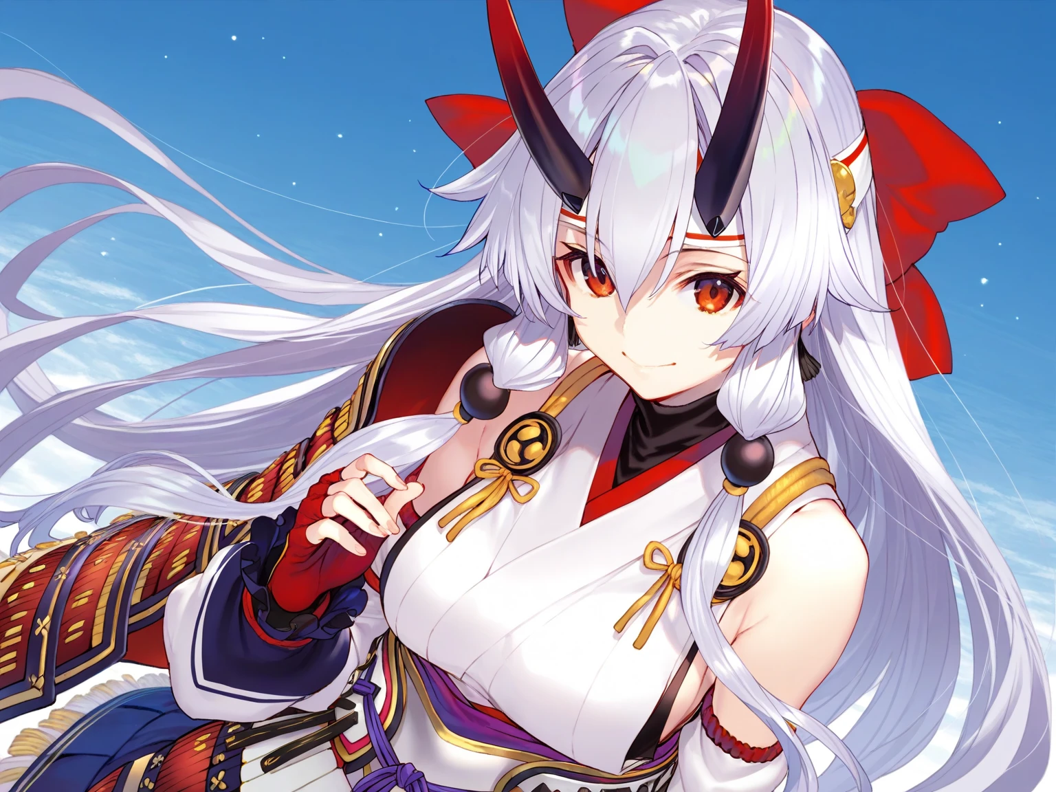 masterpiece, best quality, ultra-detailed, illustration, warm lighting, bright colors, 8K wallpaper, 1girl, solo, heterochromia, blue eye, pink eye, flower, hair flower, hair accessory, flower accessory, hair between eyes, hair ornament, single horn, oni horn, white hair, very long hair, belt, (expressionless), beautiful detailed sky, moon, night time, kimono, old Shinto shrine in the background, Japan, praying, hands hidden under clothes, <lora:achif:0.7>