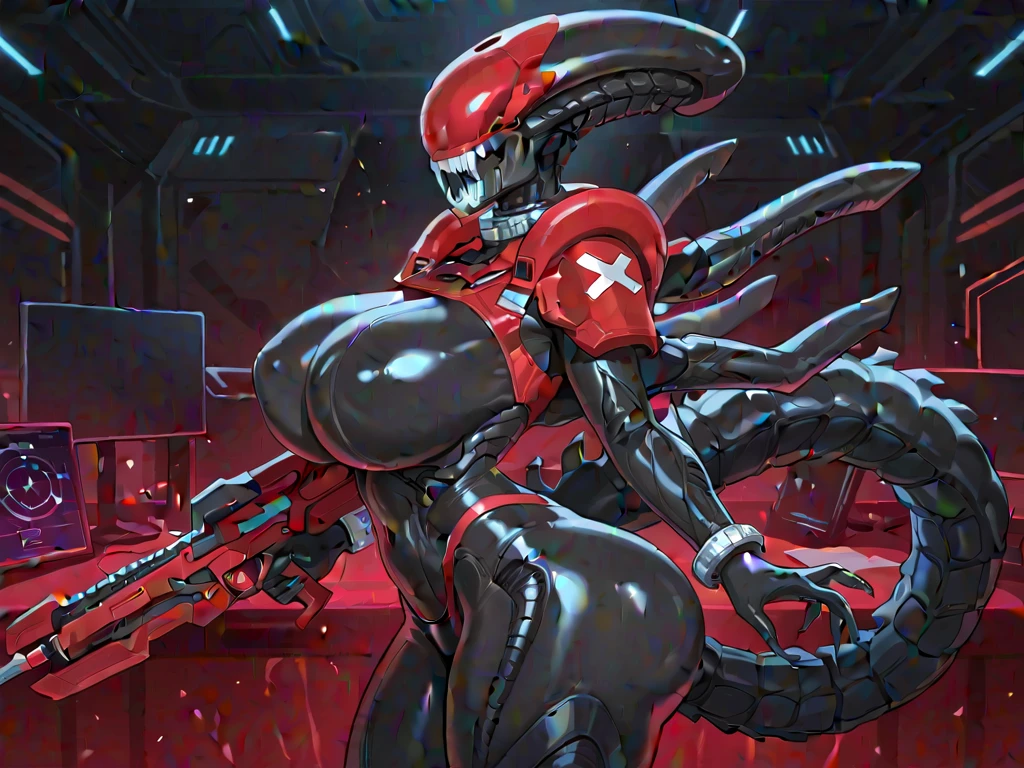 Dark fantatsy,black metal body,big breasts,robot seams,neon trims,back armor,neon trims,eyeless robot,no eyes,wide mouth,sharp teeth,only mouth,tongue out,very long tongue,cybernetic body,muslces,abs,look at viewer,mechanical,wet,mechanical mouth,claws,