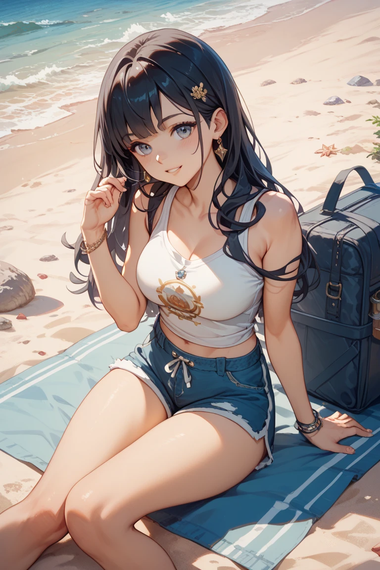 (masterpiece),In a harbour full of sailing boats, perfect anatomy, a shy girl, intricate, (highly detailed), masterpiece, photorealistic, perfect anatomy, cinematic lighting, shading, super detailed skin, beautiful detailed eyes, best quality, ultra-detailed, (illustration), ultra-detailed, looking at viewer, (extremely delicate eyes:1.3), crop top, underboobs, big breast, denim very short shorts, (dark_hair:1.3), (long flowing hair), (blue eyes), Iridescent, modern theme, dynamic pose, vibrant colour, shadow, contrast, refraction, perspective, depth, good anatomy, stunning details