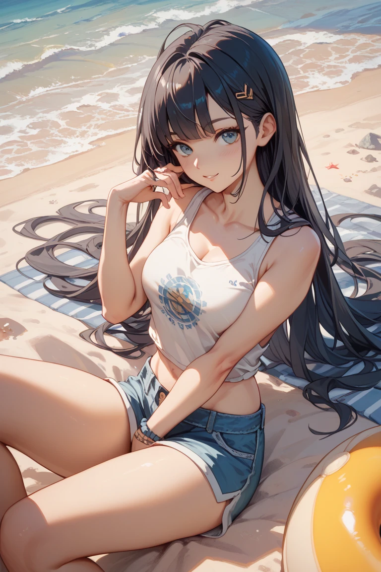 (8K、Highest quality、Highest quality、masterpiece)、Detailed face、One Girl、Spread legs、Spread Legs、(Brown Skin:1.2)、Blue and Long Hair、Blue Eyes、Sweat、Grin、(Black tank top、Denim hot shorts、Mini Shorts、Spread pussy under shorts)、labia view、Beach、cloud、vagina、Innie Pussy、Spread Vagina、spread pussy、Big Breasts、
