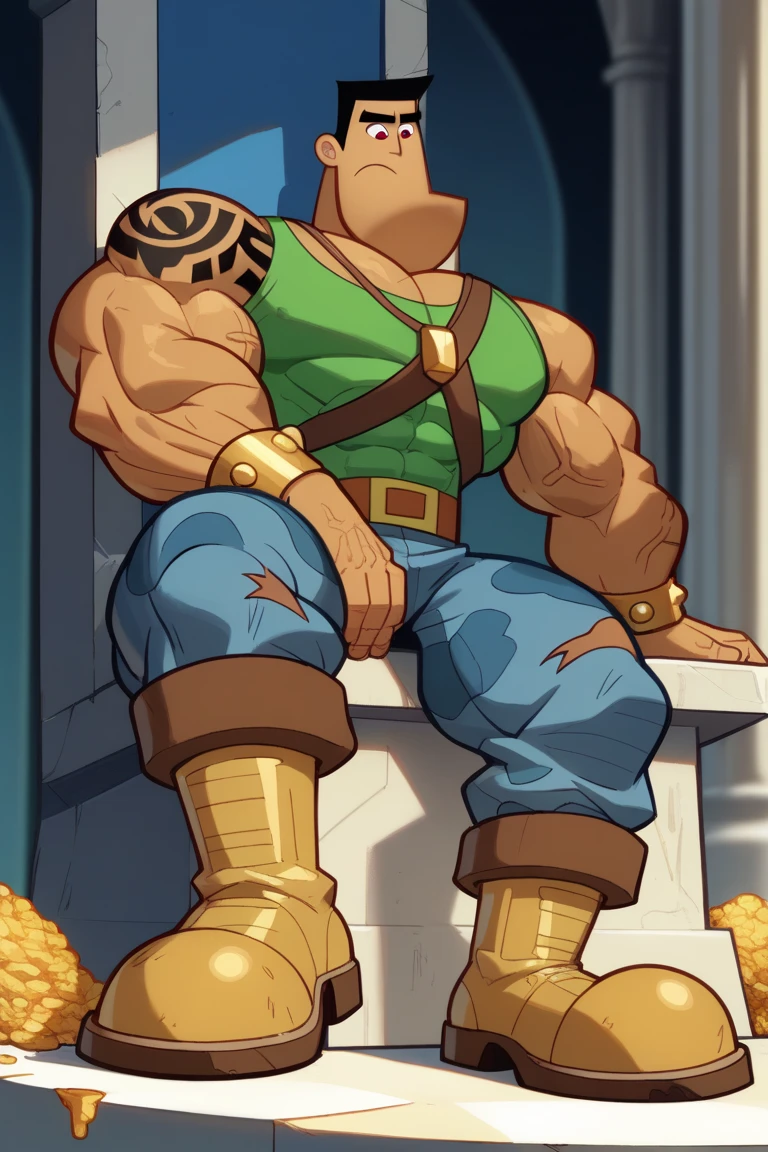 naked , big bulge , huge bulge , green thong ,alone, full body,smiling , muscular, huge muscle, big muscles, pectoral muscle , Boy , YOUNG , YOUNG , brendan (pokemon emerald) , Green eyes, brown hair, pokkuti , sitting on a throne, royal throne, sitting , kingdom hearts