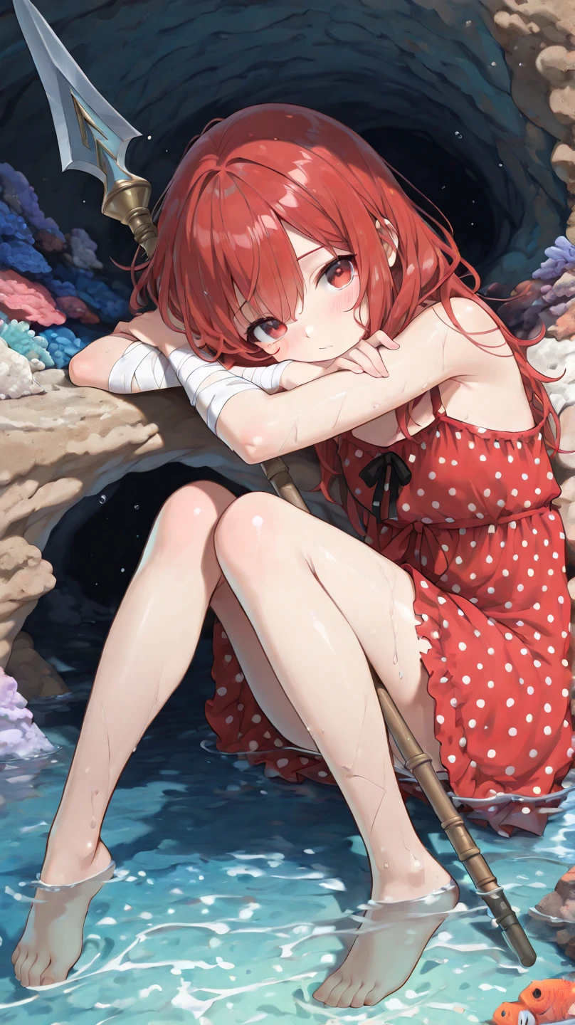 masterpiece,best quality,ultra-detailed,very detailed illustrations,extremely detailed,intricate details,highres,super complex details,extremely detailed 8k cg wallpaper,cowboy shot, caustics,reflection,tracing, (1girl:1.4),solo,alone, headgear, long hair,red hair, hair between eyes, multicolored hair, colored inner hair, red eyes,glowing eye,eye trail, random expressions,sitting,ocean, full body, cetus,coda,ocean,coralcoast,cowboy shot, sitting,