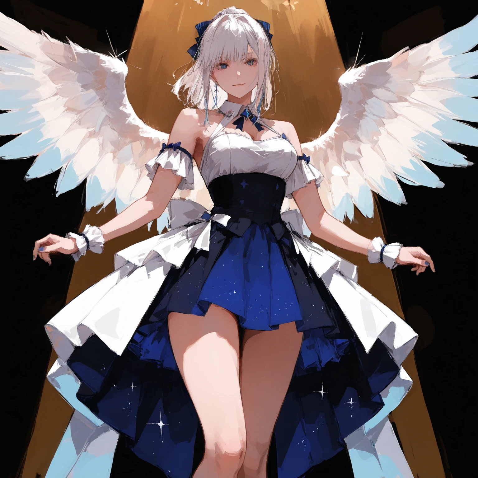 masterpiece,best quality,1girl, wings, solo, full body, dress, barefoot, blue eyes, breasts, simple background, looking at viewer, detached sleeves, feathered wings, hair ornament, bare shoulders, white hair, bangs, page number, white dress, jewelry, white background, blush, collarbone, short hair, black wings, frills, smile, short dress, small breasts, long sleeves, single wing, cleavage, halterneck, angel wings, standing, gradient, bare legs, shiny, necklace, shiny hair, <lora:tony_xl_v1:0.9>