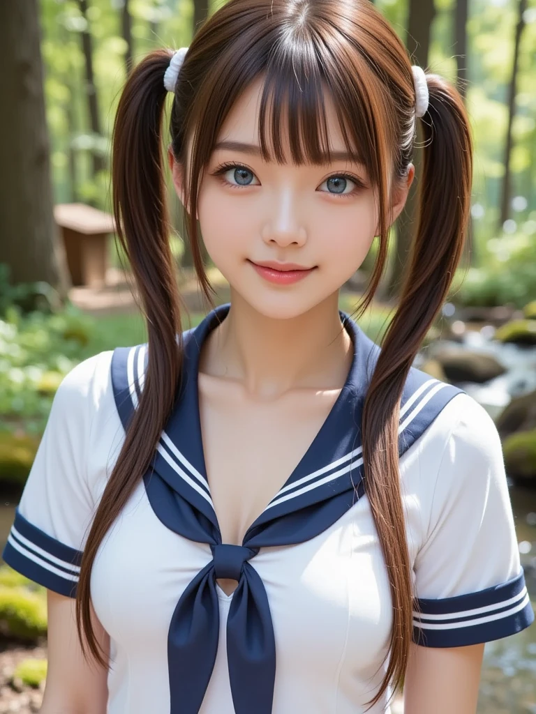 (Burstingly Big Breasts:1.3)、high quality、masterpiece、Ultra-high resolution、beautiful girl、beautiful girl顔、Cute girl face、Wear a sailor uniform、School Swimsuit、、Twin tails