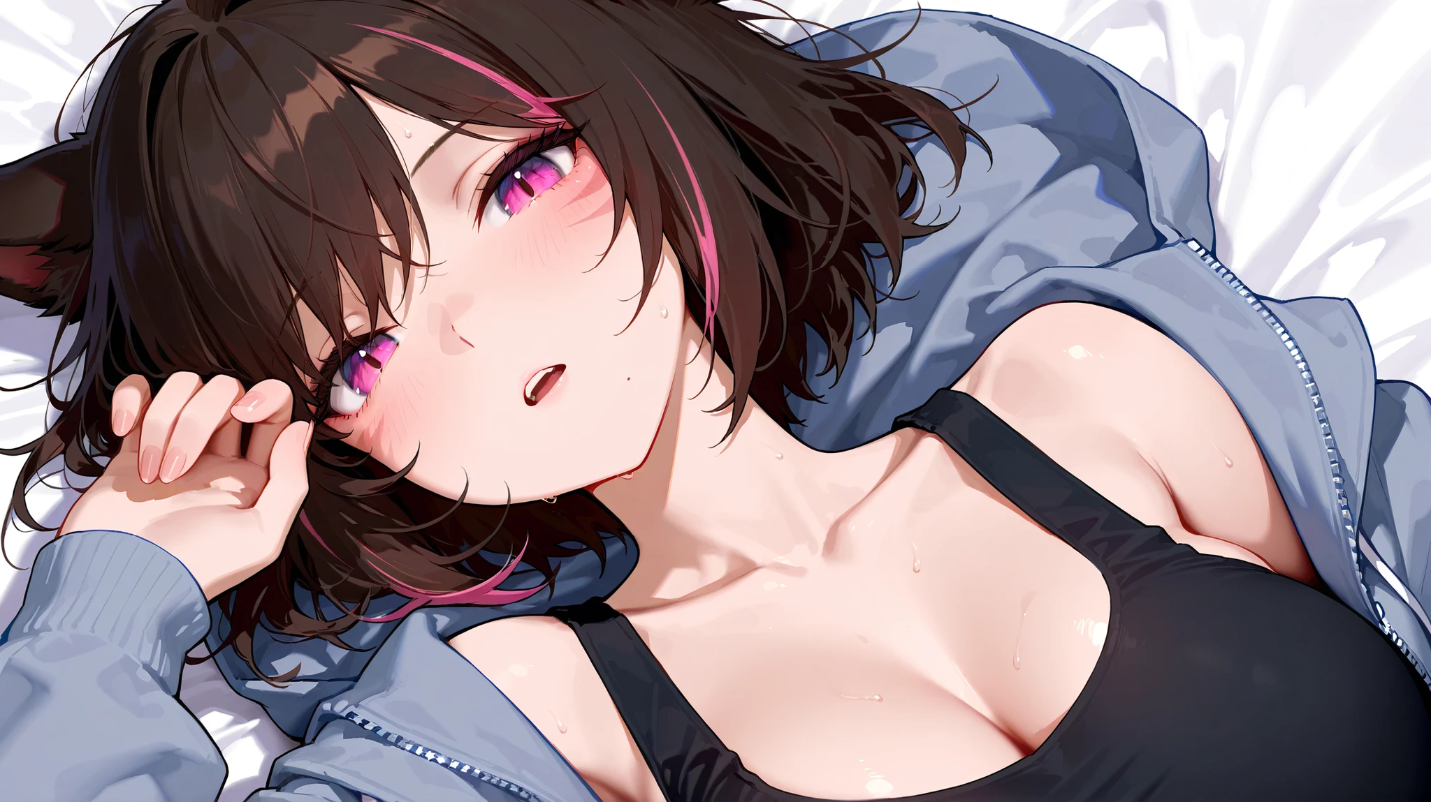 ultradetail(eye:1.7),highest quality、4K quality、on the bed、beautiful cleavage、disheveled clothing、slender、Humiliated face、doggypose