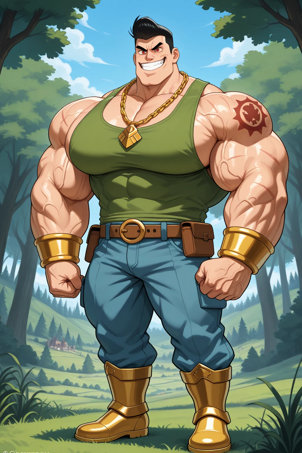 1boy asian male, (korean man with k-pop idol look), black hair, giant, model shoot style, looking at viewer, standing, strong body, standing, in the rainforest jungle, exotic skin, traditional tribe attributes, prominent muscle bulge, brutalmass, detailed face, heavy muscular, stubble, photo real, sexy, big, brutalmass, giant, muscular body, bulk, massive body, large size, smile, illuminating light, sunrise, outdoor