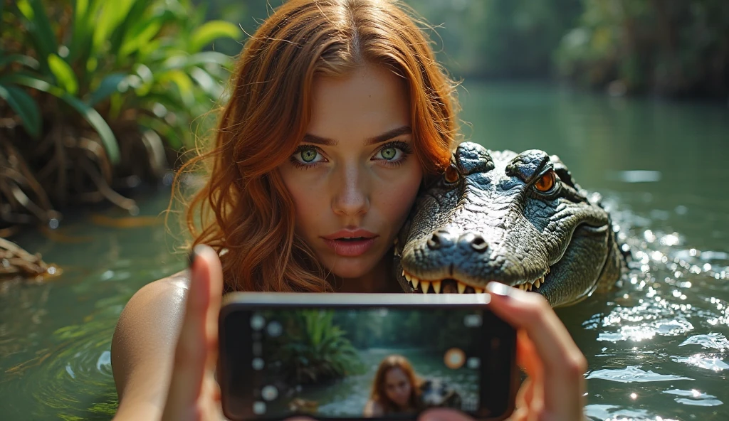 (((young french woman taking a selfie with her iphone-15))), 100.000 years ago, inside the jungle with dinosaurs, High resolution,sharp focus,(ultra detailed,extremely detailed),(((vibrant colors,vibrant theme))),(Intricate),(masterpiece),(Best Quality), cleavage, big breasts, (((it's not a painting))), (((realistic photo)))