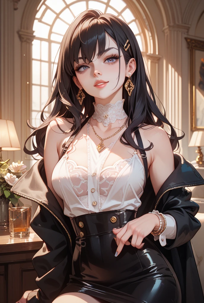 (muste piece, 4K, 8K,beautiful images, Sharp Image, photorealistic,perfect face, perfect lines, Perfect eyes, soft lighting) ,1 woman, (black hair、long straight hair,Bullish gaze,beautiful woman,elegance,Solid makeup,One piece figure、mature women,small breasts:1.3),スーツ姿のハンサムなmale性2人, (male,male性はスーツ姿,muscular,Firm shoulder width, maleの,boyish hairstyle,English gentlemanly style,クールな表情の成熟male性,明るい笑顔の成熟male性:1.2),smile showing white teeth(embarrassing,shy smile:1.1),(Nervous,embarrassed,sleepy,embarrassing:1.1),Antique sofa、Open your thin mouth,innocent smile,On a date,kiss、couple、couplekiss、Romance、At work、Antique furniture、sitting on the sofa、Couch sofa