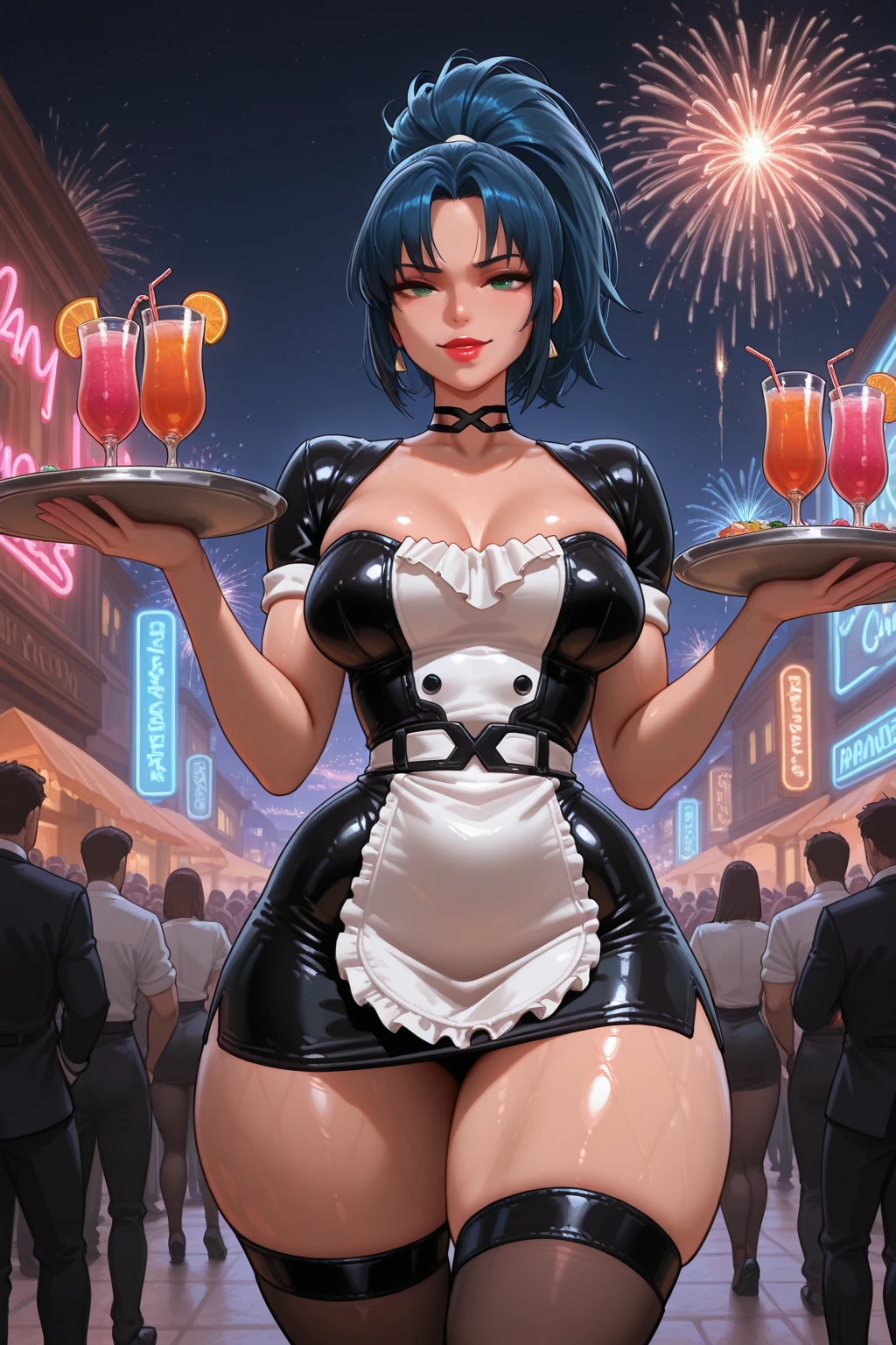 score_9, score_8_up, score_7_up, score_6_up, masterpiece, best quality, 1girl, playboy bunny, fake rabbit ears, detached collar, black leotard, fishnet pantyhose, wrist cuffs, large breasts, holding tray, casino, looking at viewer, closed eyes, blush, cortana, hologram,