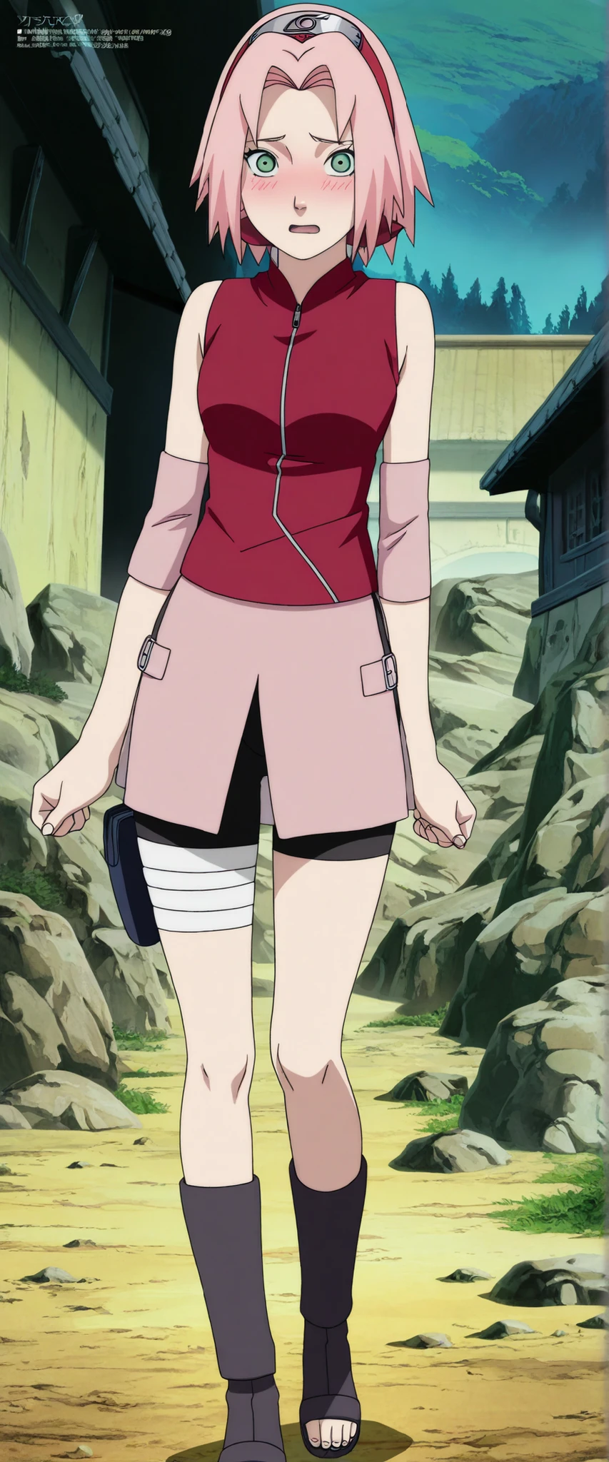 1girl,haruno sakura standing look at the viewer, BREAK pink hair, short hair, red hairband, green eyes, parted bangs, BREAK red sleeveless minidress, zipper, pink miniskirt, bandaged thigh, BREAK medium breasts, beautiful body, beautiful legs , masterpiece,best quality,amazing quality,professional quality ,very aesthetic ,newest,scenery, ultra detailed ,highly detailed ,intricate , absurdres , high resolution , 4K , 8K , unity 8k wallpaper , crisp quality , sharp focus , rich contrast , rating_explicit , official art, official style,source_anime,anime screencap,anime coloring,megami magazine,anime,animated ,1girl, standing at konoha village, straight angle, full body, blushing, shy,open mouth