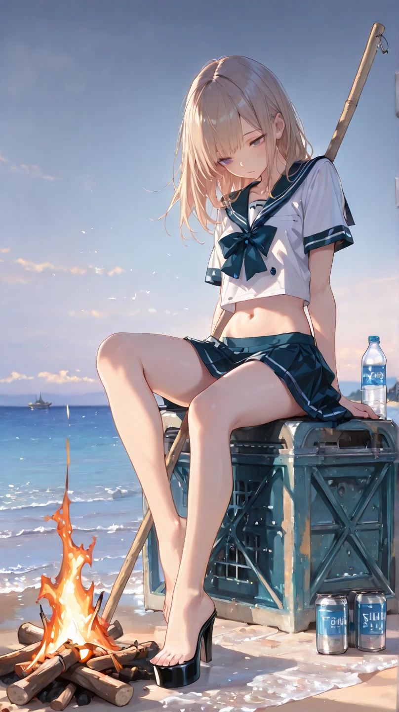 A girl with an extremely beautiful profile with unique features, matte bluish gray eyes, thick lips, short bob hair, white hair, long sideburns, (((The girl is sitting on the edge of a Pier))), blood red plastic jacket, bikini, white high-top sneakers, Full body, small round breasts, thick thigh, big ass, thin waist, hot girl, {extremely detailed 16k CG unit wallpaper}, expansive landscape photography, (a bottom view focusing on character and setting), (wide open field view), (low angle shot), (high light: 1.4), (low light: 1.2), (warm light source: 1.7), complex details, (iridescent colors: 1.8), (bright lighting), (atmospheric lighting), dreamy, sexy, chills