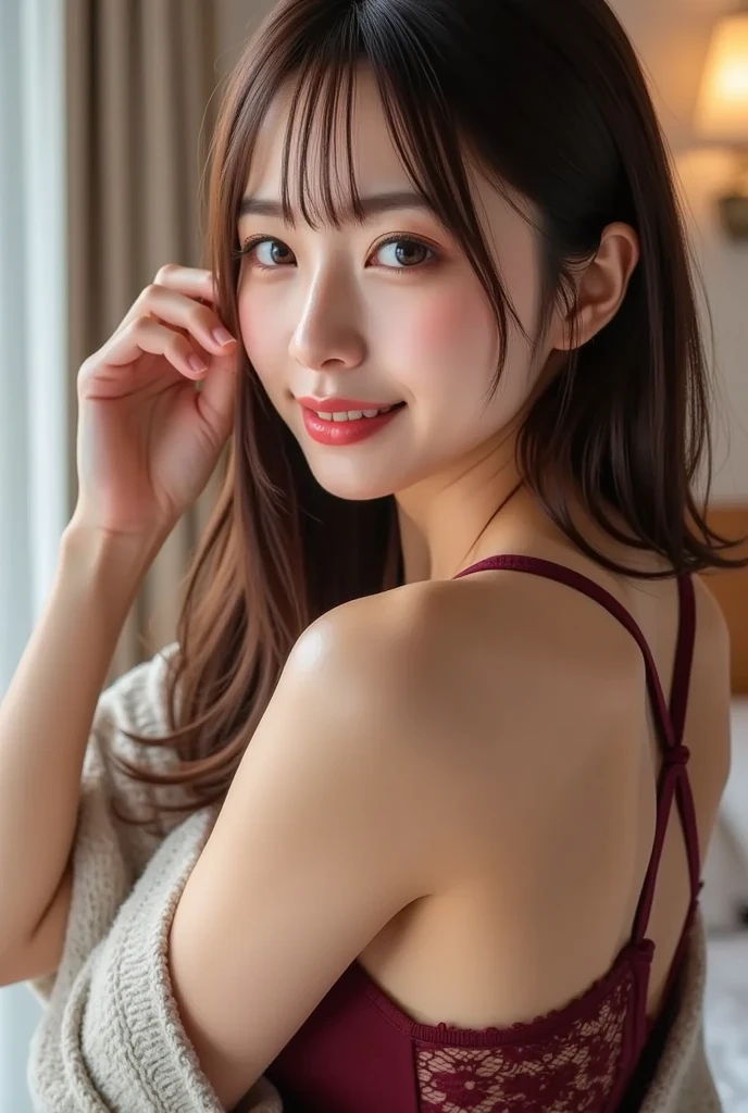 (RAW photo: 1.2), top quality, beautiful detailed girl, in underwear, smile, put hands on head, (full body lying on bed: 1.2), facing the camera, legs open left and right, red underwear, highly detailed eyes and face, beautiful detailed eyes, huge file size, high resolution, 8k wallpaper, fine details, highly detailed ticker uniform 8k wallpaper, light on face, movie lighting, 18 year old girl, sexy pose, (photorealism: 1.4), illustration, super detail