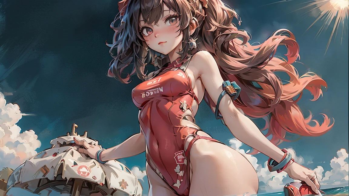 amber genshin impact 1girl, solo, heart, vulominous body, sexy, wet, siting in a thight white leotard swimsuit ,beach, dawn