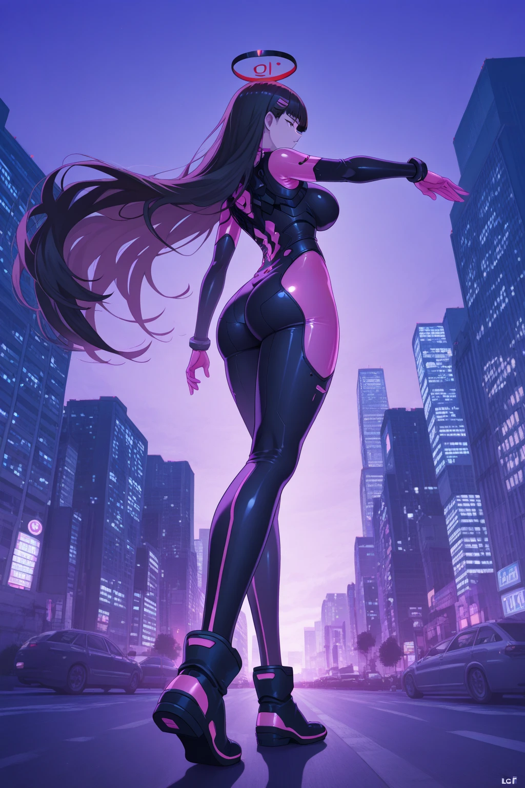 ((Highest quality、masterpiece、anime style、best quality、high resolution、8k、detailed、ultra-detailed:1.3))、Long legs、Sharp focus:1.2, Beautiful woman with perfect figure:1.4、(Smiling:1.2), double eyelid、30-year-old female、Sexy pose、((((Close your mouth、One Woman、All-black catsuit:1.5))))、movement,Dynamism、Fighting Pose、Vertical Roll、The background is a futuristic city