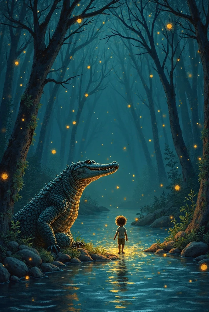 A blond haired blue eyed boy playing with a poisonous snake in a rainforest with starry sky 