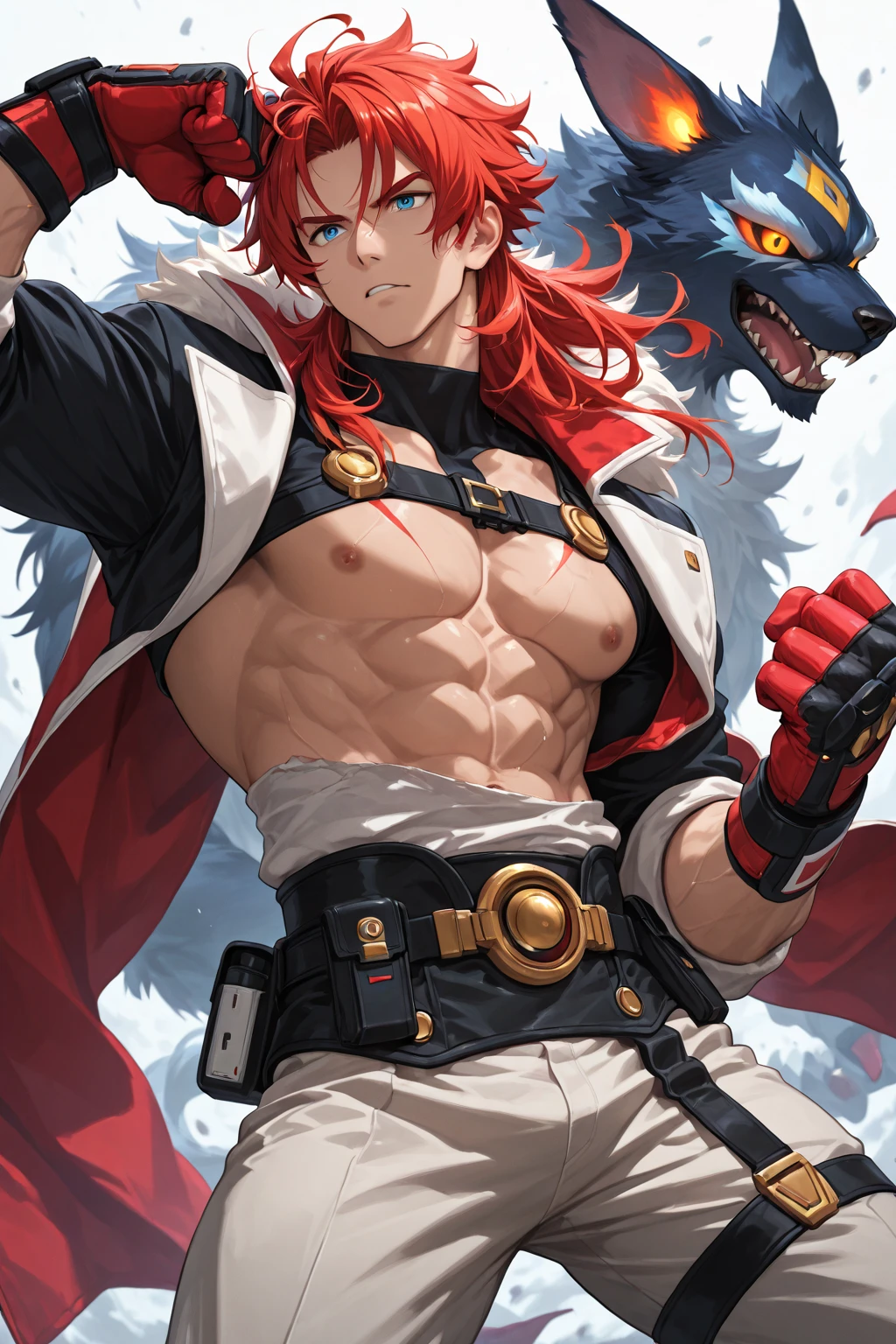 Mature male,Solo,Squirrel Man,Anthropomorphic squirrel,small stature,(Head-to-body ratio for toddlers),Huge and fluffy tail,Well-developed muscles,vast pecs,broad shoulder,Thick-breasted,Huge crotch bulge,Shirtless,Fire-red hair,Golden eyes,glowing light eyes,Warriors,Dressed in armor,Two-handed spear,Combat posture,gazing at the camera,full bodyesbian,in a panoramic view,High- sharpness,High picture quality,Rich background,intricately details,tmasterpiece,8K