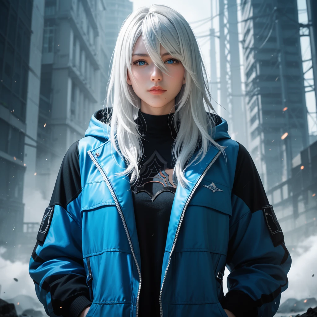 Photorealistic, high resolution, 1womanl, Solo,Snow background, looking to the camera, (Detailed face), White hair, SWAT vests, Gun, jewelry，Fingers are occluded，golden hair，Thick clothes，Beautiful tall woman