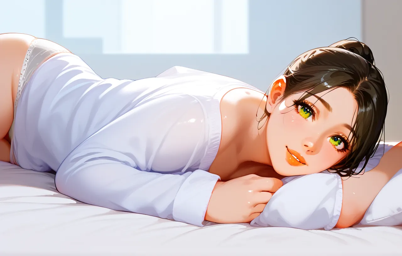 score_9, score_8_up, score_7_up, score_6_up, score_5_up, score_4_up, uncensored, yukinoshita yukino, absurdly long hair, grey eyes, black hair, very long hair, horny face, blush face, lips, naughty face, shiny skin, sweating, steaming body, curvy, voluptuous, heavy breathing, (small breasts:1.3), detailed body, detailed eyes, 1girl, solo, looking_at_viewer, lying, pantyhose, black_legwear, shorts, jacket, long_sleeves, breasts, on_stomach,