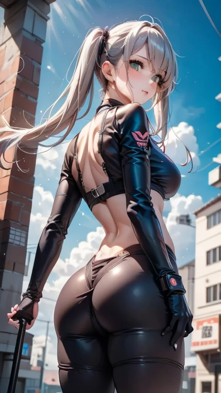 The character costume is KPOP, Hallyu, K-pop anime art style, Hallyu frontline style, Hallyu art style, kpop style, official artwork, Chibi art, Pisif, Blackpink style, cute.     KPOP artwork in various poses, The popularity of Pisif art station, lingerie, 16 year old chibi, No watermark, Extra close-fitting mini skirt, open jacket, extra short clear top Strapless, cleavage, style clothing cyberpunk, smallest short short, wide angle, short top, very short, Squatting, seen from behind, focused on the ass,