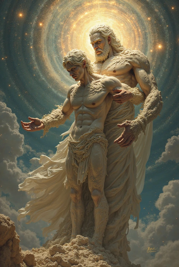 broken into pieces divine statue of a young man made of marble, floating fragments, sheen, slow motion