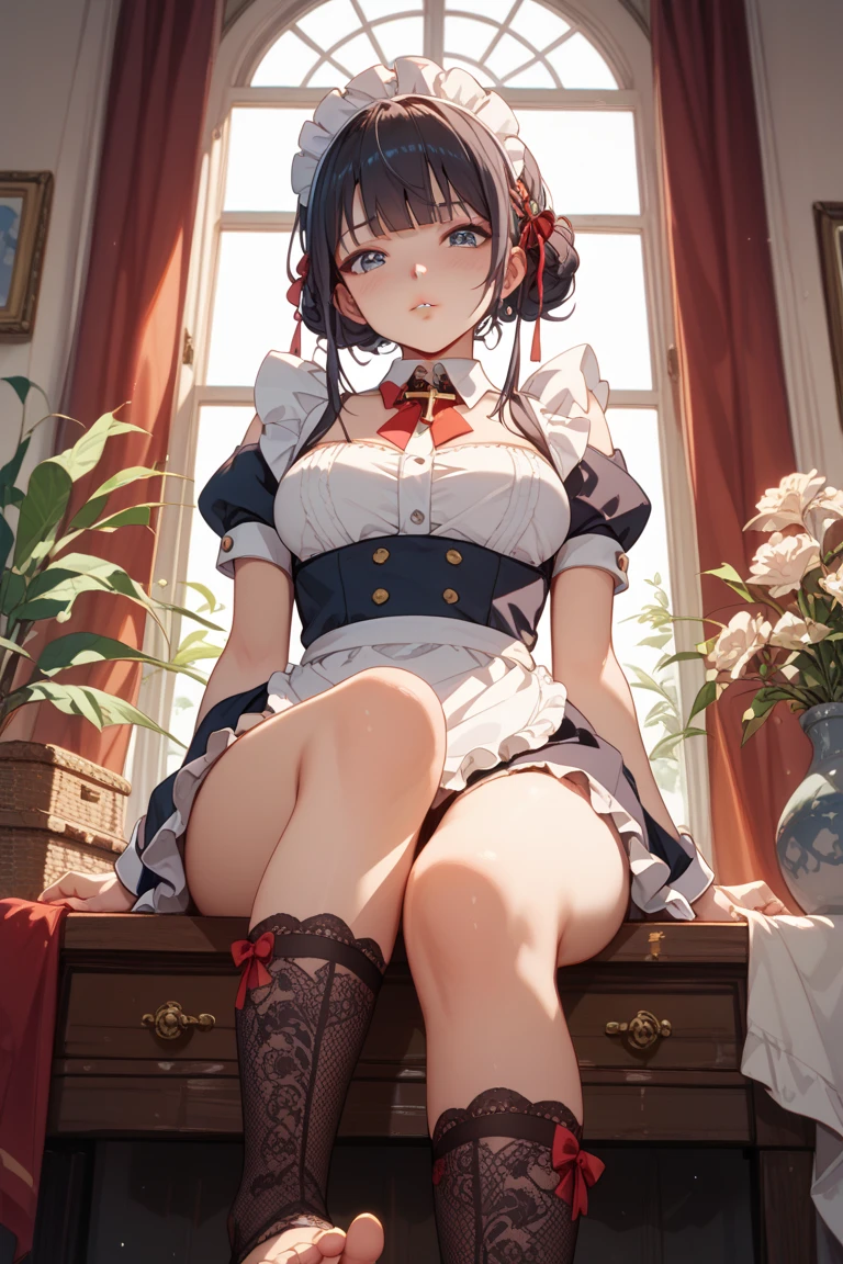 Masterpiece、Highest quality、Highest quality, (long and thin legs, shoes:1.2), Arm behind wrist, squat、Spread your legs、1 girl, (smile、Open your mouth大笑い:1.2), Cute eyes, (Detailed face:1.3)、Open your mouth, The whole face turns red, alone, Big and ample breasts, Oversized breasts, (Straight bangs, Twin tails), White maid outfit、Side bust、Underbust、belly button、Walking through the mansion'corridor、nsfw