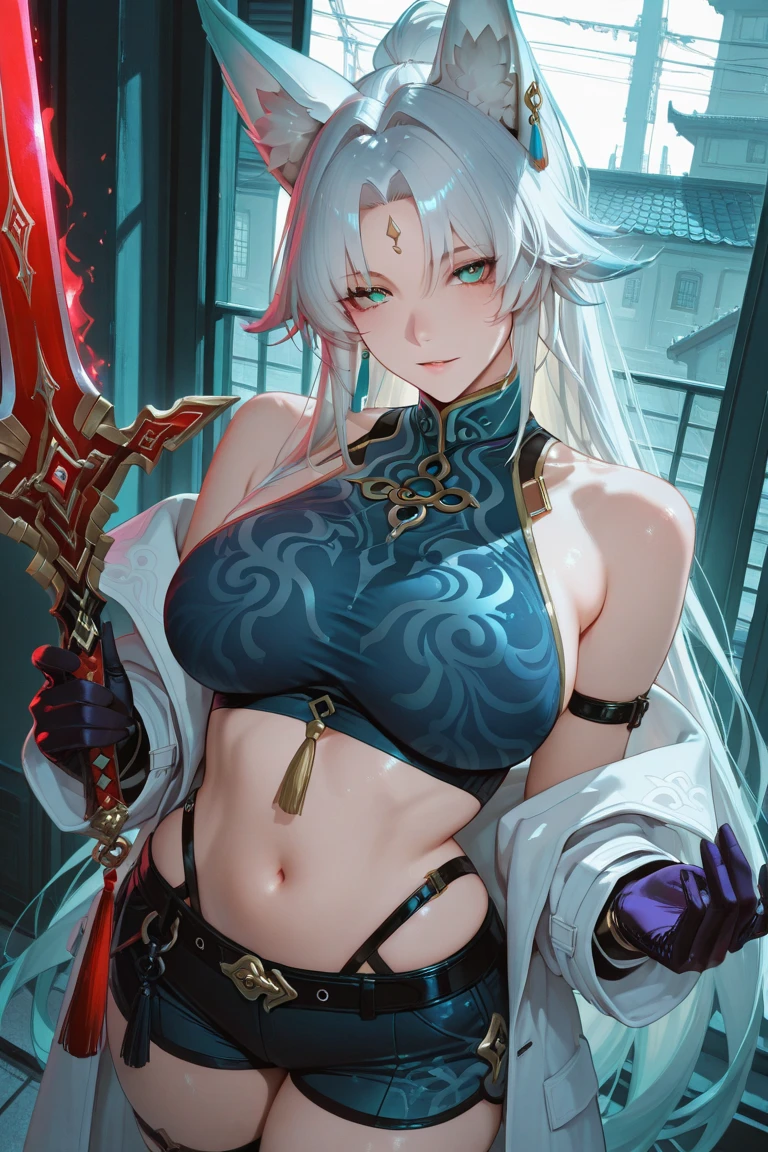 absurd, masterpiece, best quality, Bright colors, pastel colours, Korean woman with a beautiful face , beautiful hair , Korean drama characters, anime eyes,masterpiece 배경, detailed background,light blue hair, very long hair with braids , The Perfect Face, holding a big sword in hand, heart eyes, Pretty Woman, Sexy Black Bikini Kill Heels, clavicle, Cool pose, Stunned, Heavenly Background, whole body, sexy pose,