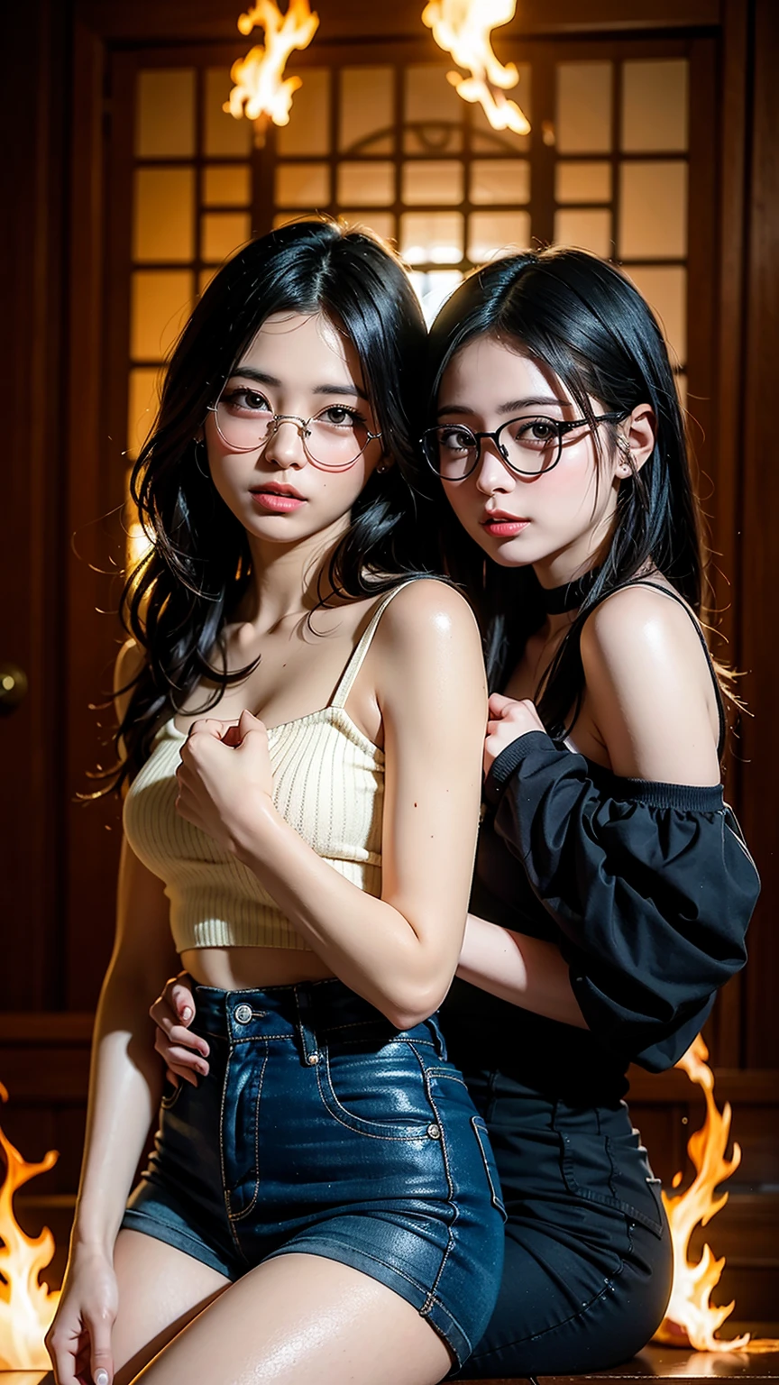 one girl, the appearance of long straight hair is brown,dark brown eye,Oval, with slightly prominent cheekbones and a small, straight nose, plump, pink lips,wear glasses,Specifically Korean Asian characteristics,white tank top, gray shorts that is not too short and sitting on a gamer chair in front of a computer, Big chest, thin V-shaped waist, wide hips, thick thighs, big butt,white wallpaper with anime decorations; doll, they will be on a shelf,